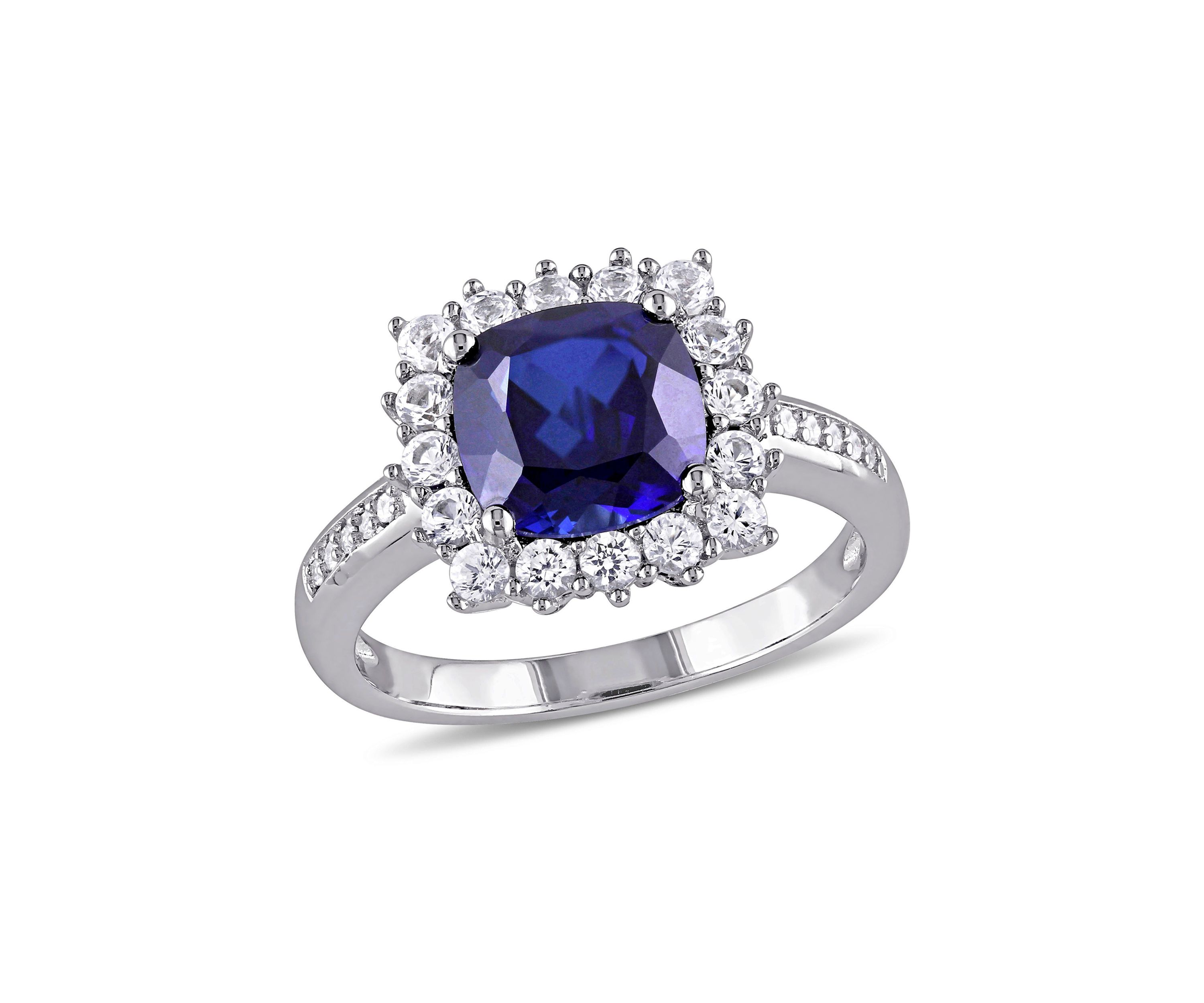 Lab Created 0.05 CT TW Diamond And 3 3/5 CT TGW Cushion Cut Created Blue Sapphire, Created White Sapphire Halo Ring in Sterling Silver