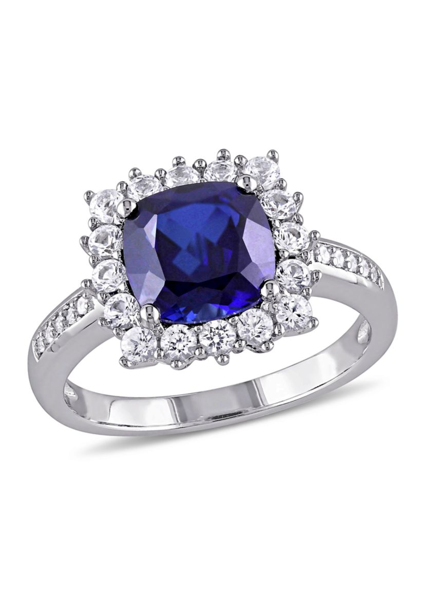 Lab Created 0.05 CT TW Diamond And 3 3/5 CT TGW Cushion Cut Created Blue Sapphire, Created White Sapphire Halo Ring in Sterling Silver