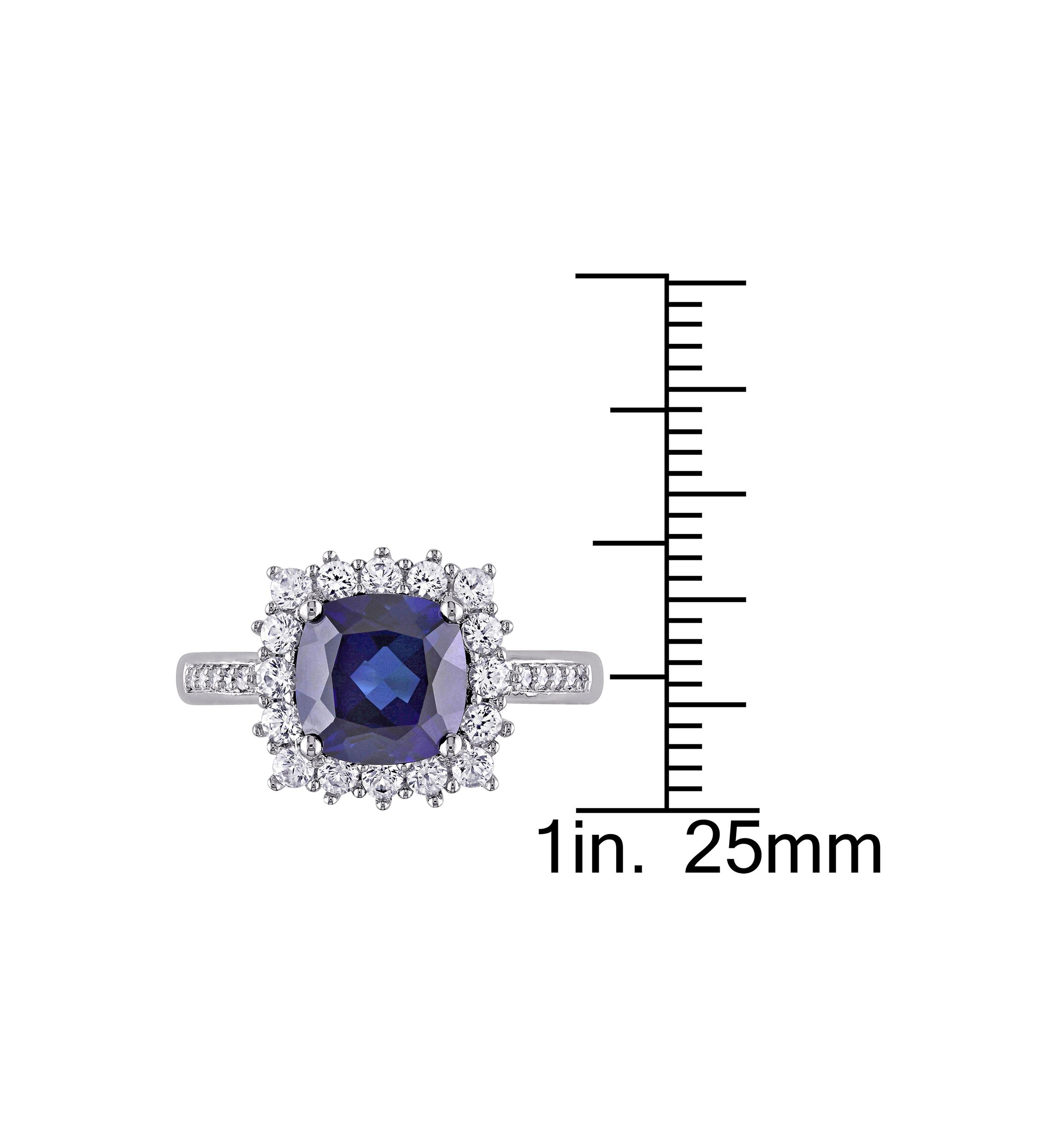 Lab Created 0.05 CT TW Diamond And 3 3/5 CT TGW Cushion Cut Created Blue Sapphire, Created White Sapphire Halo Ring in Sterling Silver
