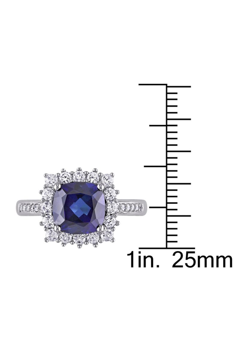 Lab Created 0.05 CT TW Diamond And 3 3/5 CT TGW Cushion Cut Created Blue Sapphire, Created White Sapphire Halo Ring in Sterling Silver