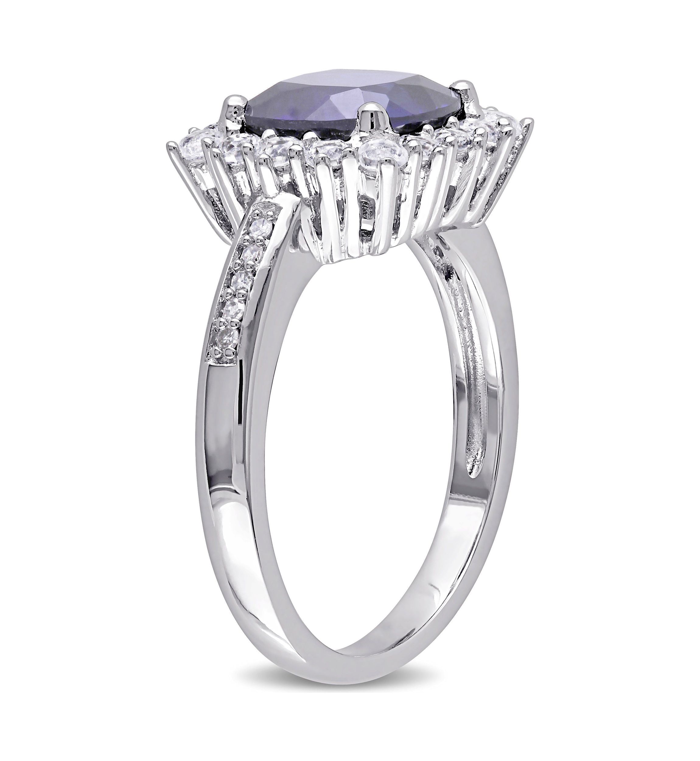 Lab Created 0.05 CT TW Diamond And 3 3/5 CT TGW Cushion Cut Created Blue Sapphire, Created White Sapphire Halo Ring in Sterling Silver