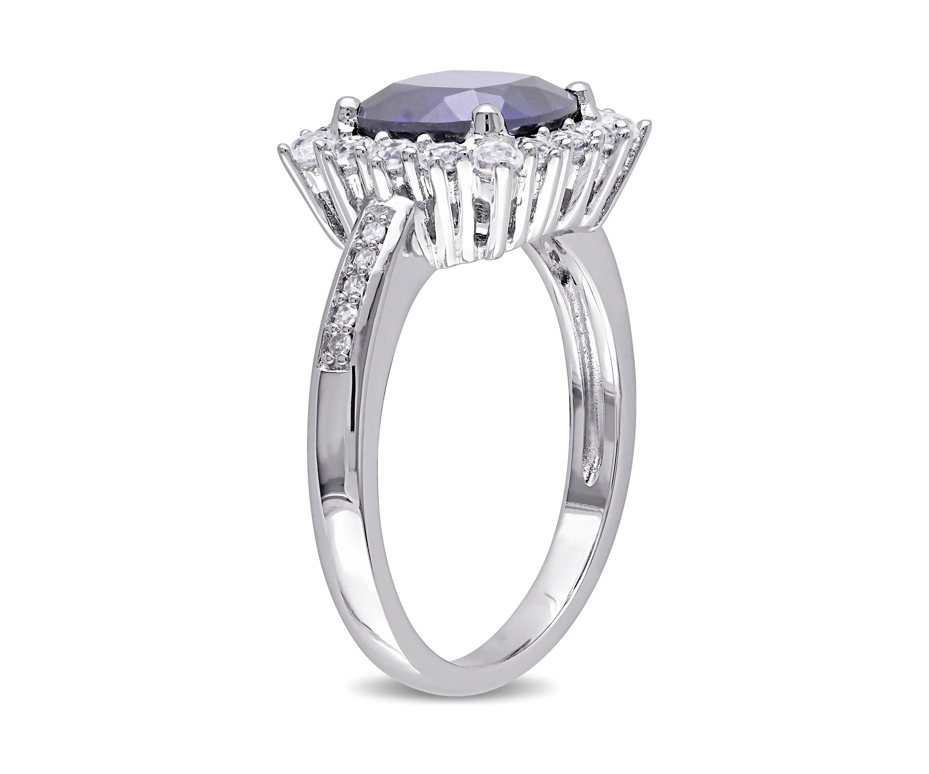 Lab Created 0.05 CT TW Diamond And 3 3/5 CT TGW Cushion Cut Created Blue Sapphire, Created White Sapphire Halo Ring in Sterling Silver