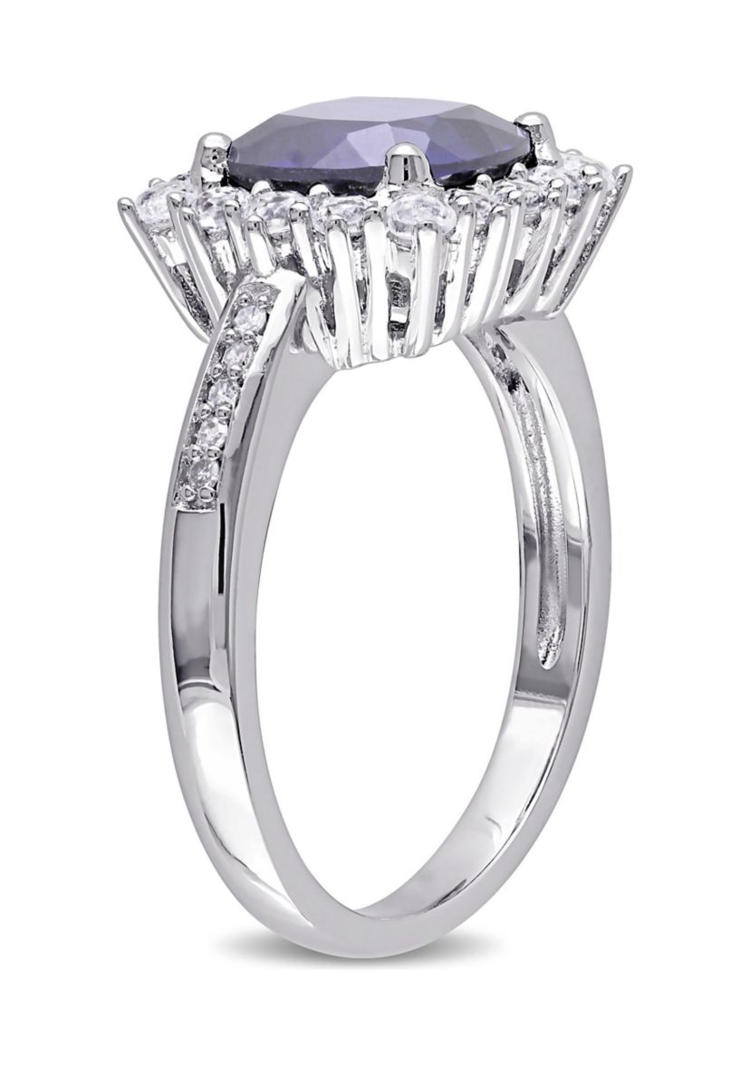 Lab Created 0.05 CT TW Diamond And 3 3/5 CT TGW Cushion Cut Created Blue Sapphire, Created White Sapphire Halo Ring in Sterling Silver