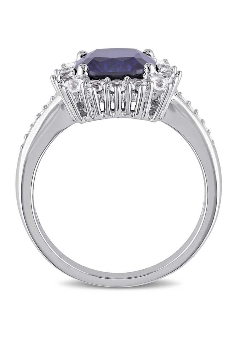 Lab Created 0.05 CT TW Diamond And 3 3/5 CT TGW Cushion Cut Created Blue Sapphire, Created White Sapphire Halo Ring in Sterling Silver