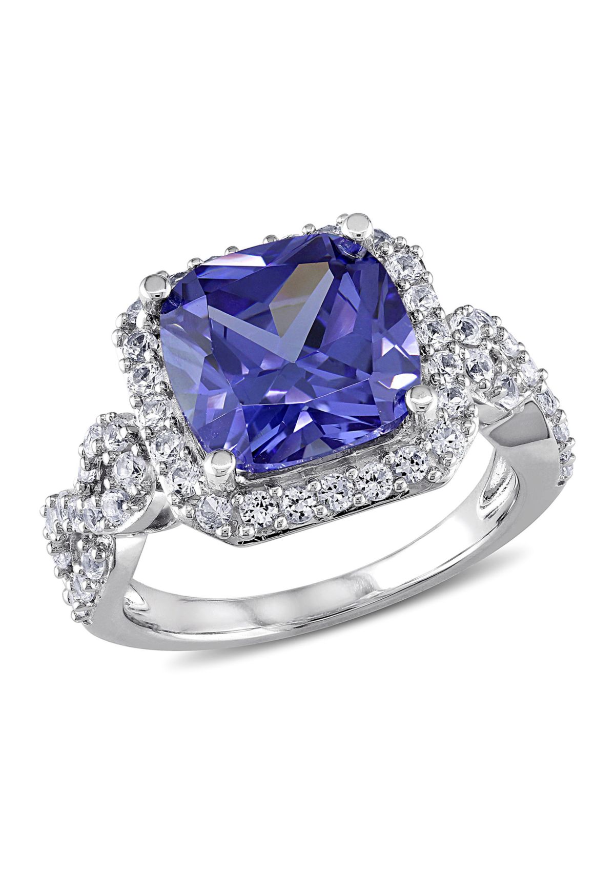 Lab Created 6 3/4 CT TGW Cushion Cut Created Tanzanite and Created White Sapphire Halo Ring in Sterling Silver