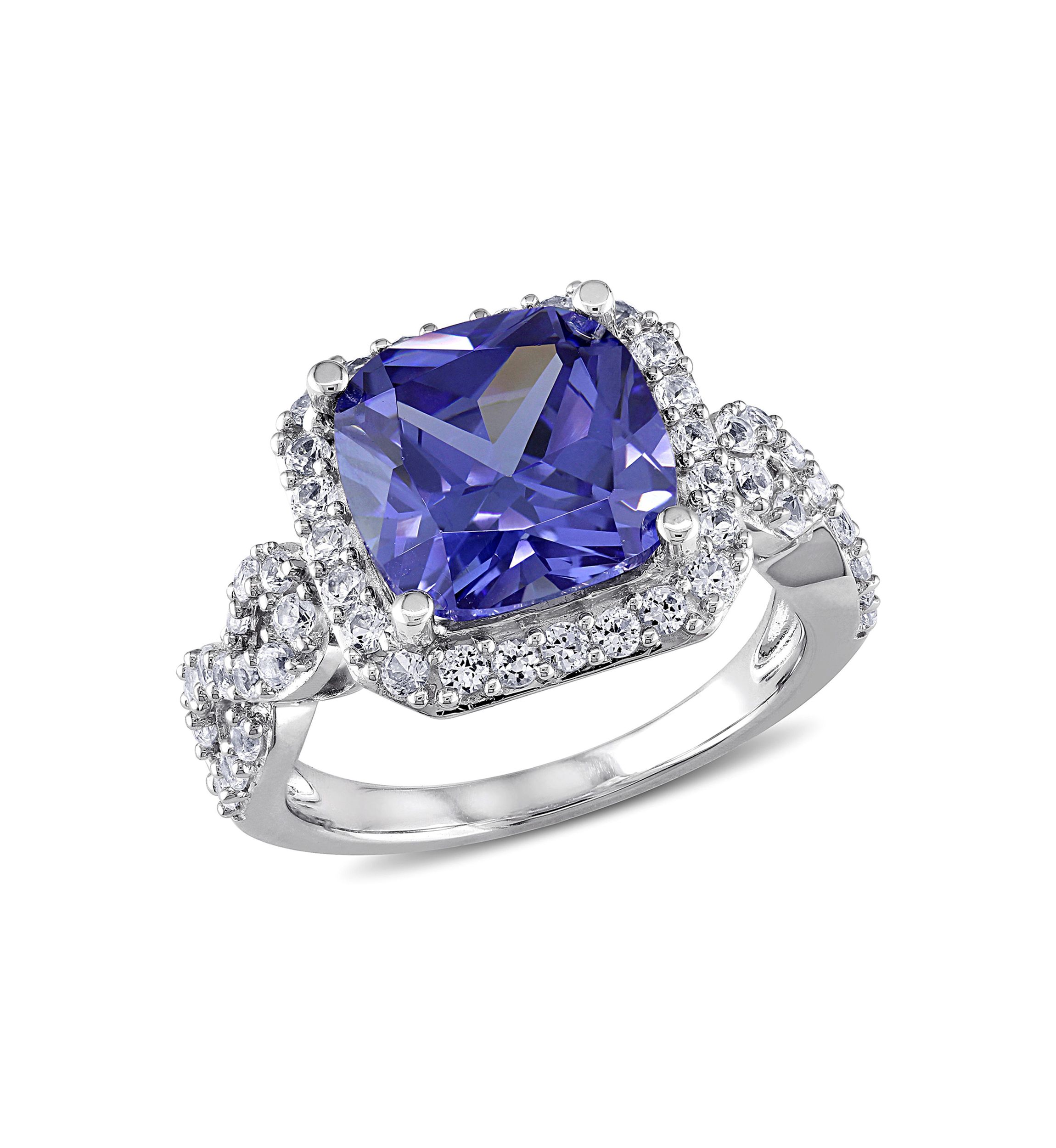 Lab Created 6 3/4 CT TGW Cushion Cut Created Tanzanite and Created White Sapphire Halo Ring in Sterling Silver