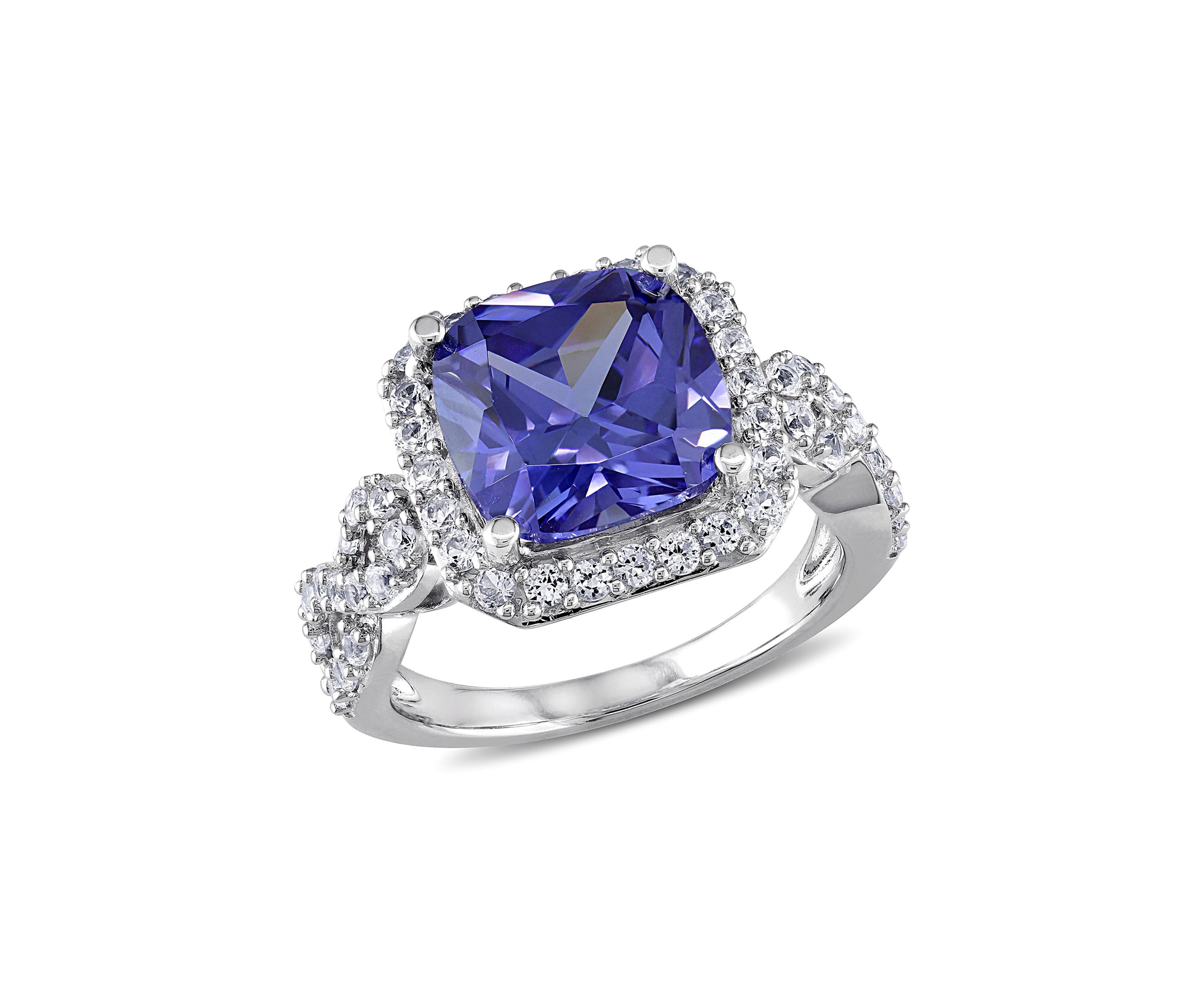 Lab Created 6 3/4 CT TGW Cushion Cut Created Tanzanite and Created White Sapphire Halo Ring in Sterling Silver