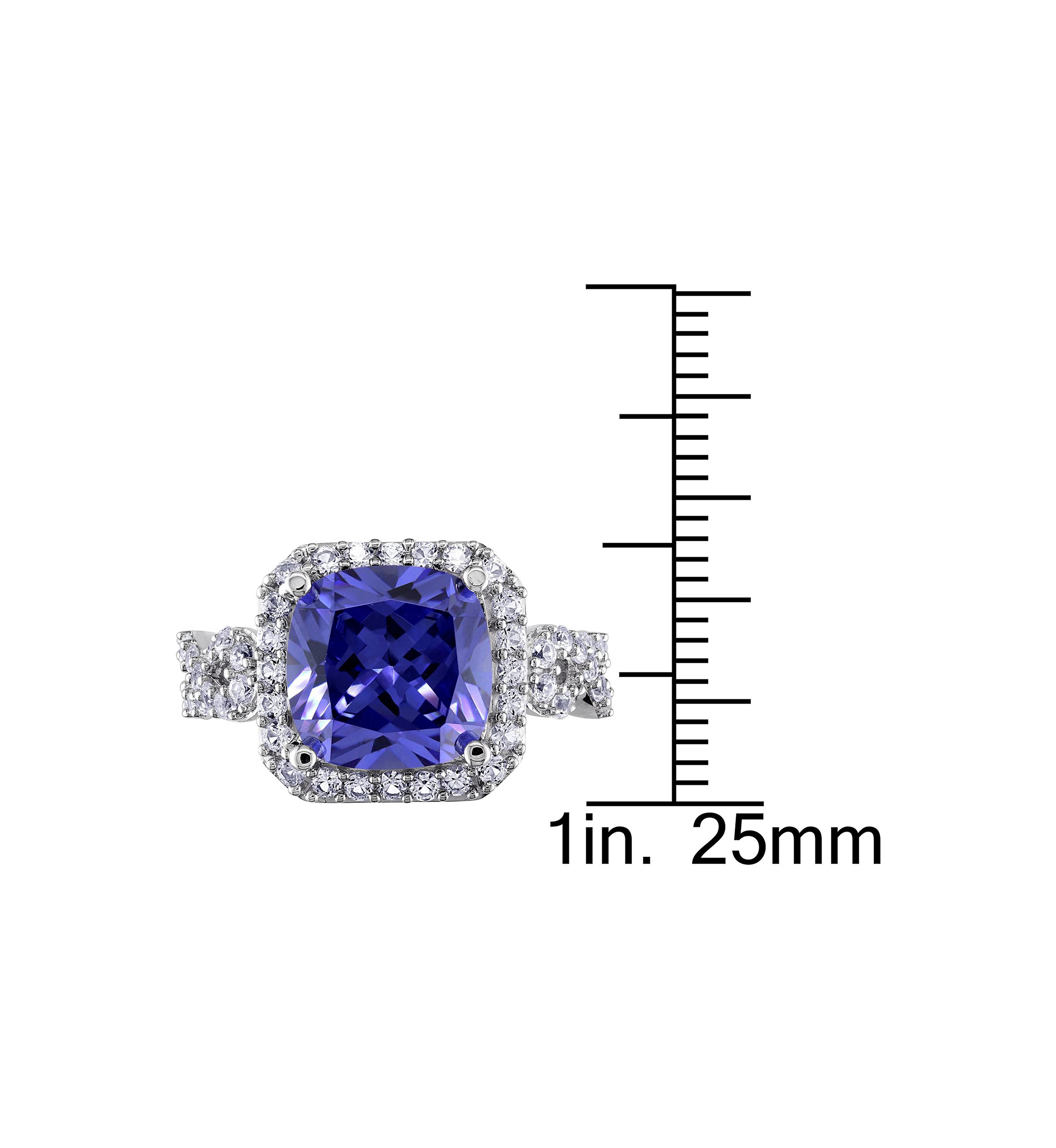 Lab Created 6 3/4 CT TGW Cushion Cut Created Tanzanite and Created White Sapphire Halo Ring in Sterling Silver
