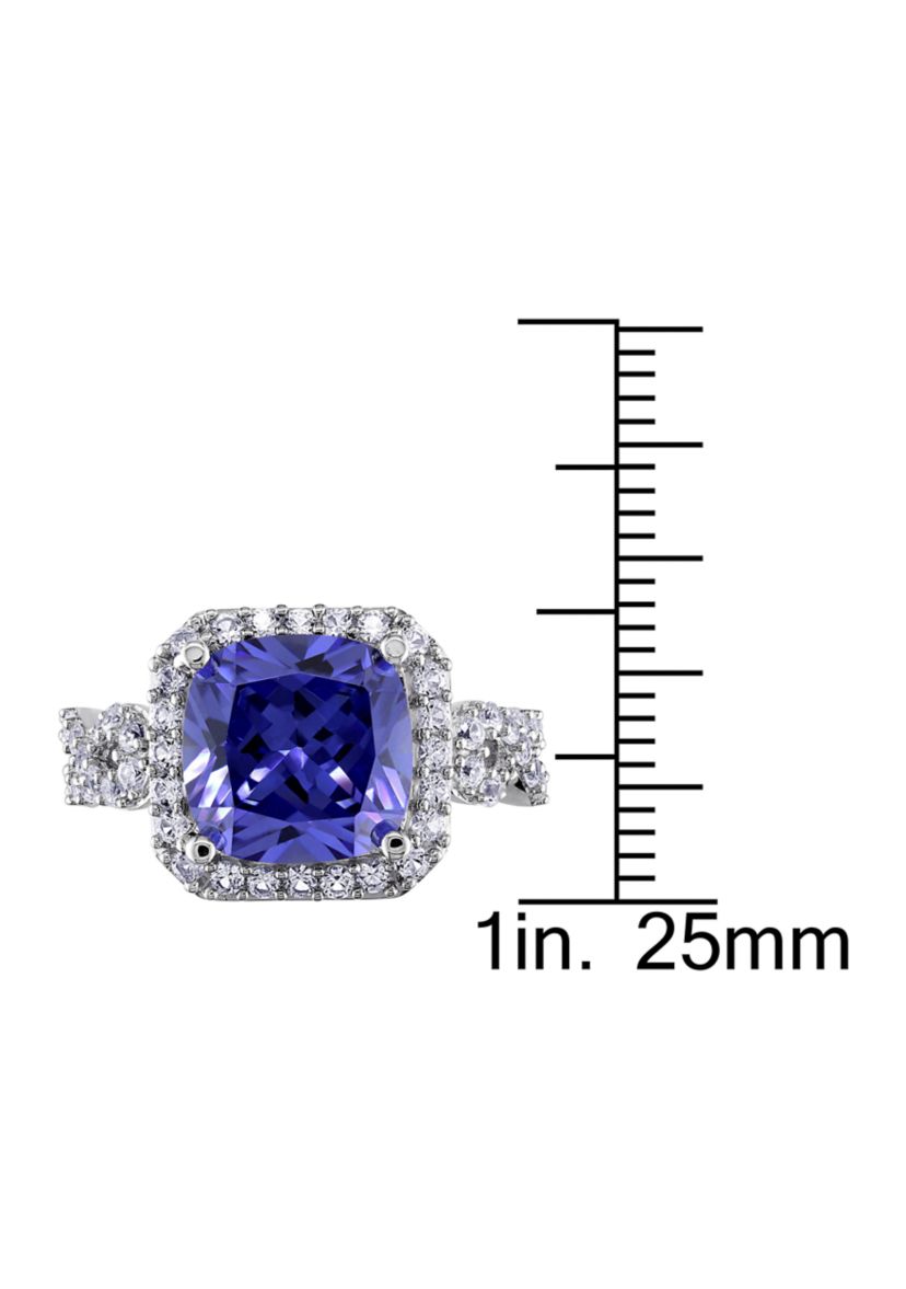 Lab Created 6 3/4 CT TGW Cushion Cut Created Tanzanite and Created White Sapphire Halo Ring in Sterling Silver