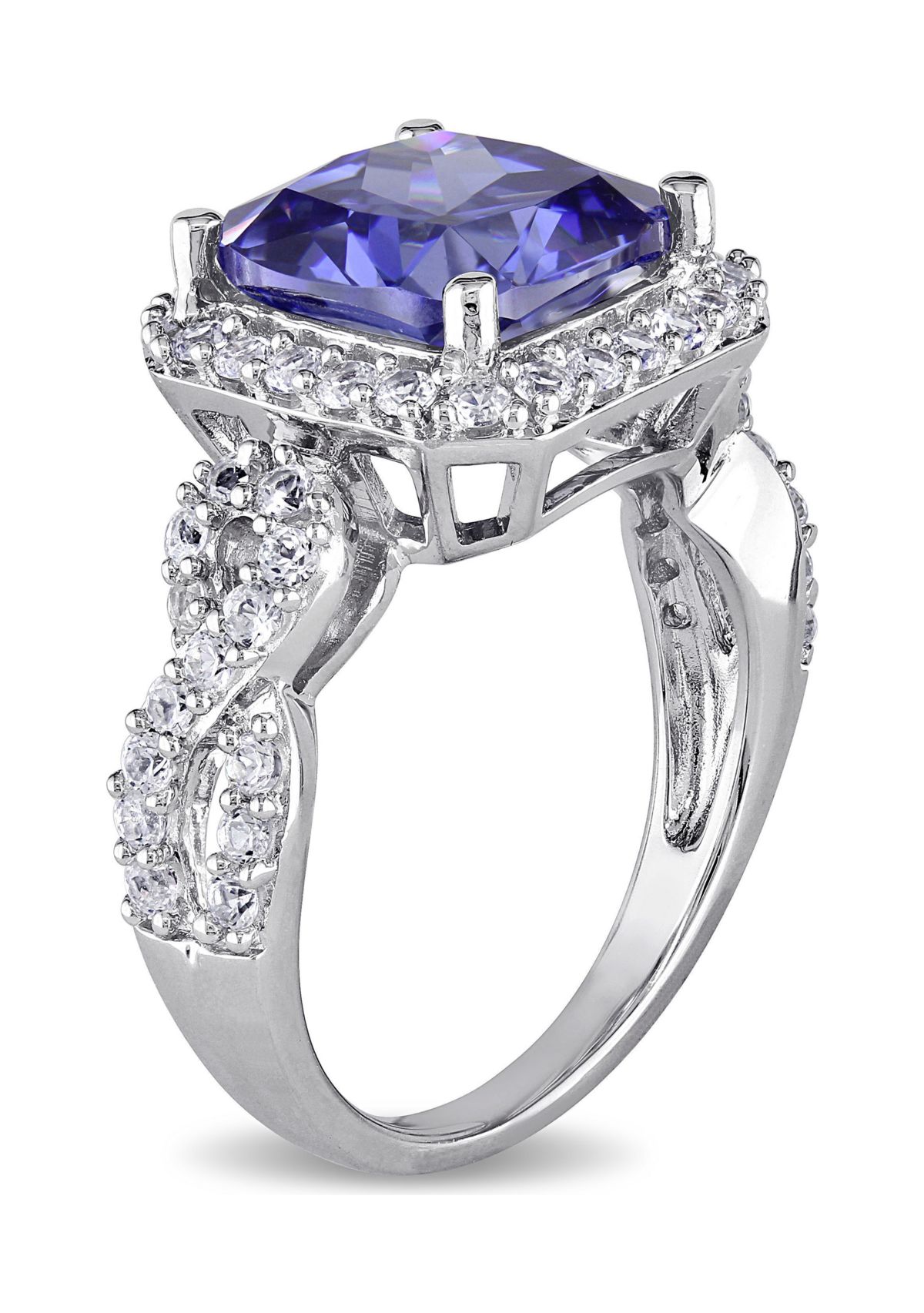 Lab Created 6 3/4 CT TGW Cushion Cut Created Tanzanite and Created White Sapphire Halo Ring in Sterling Silver