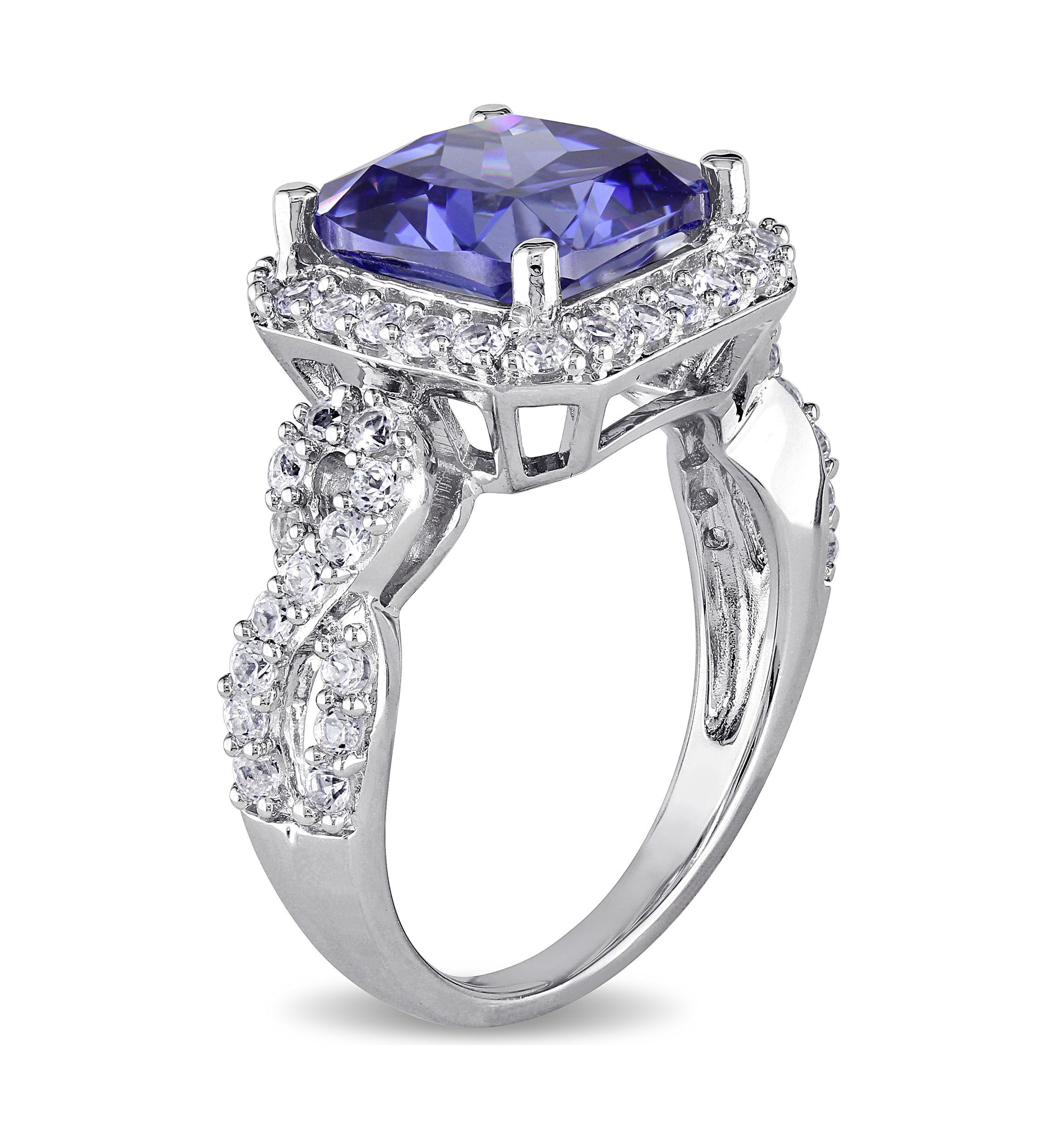 Lab Created 6 3/4 CT TGW Cushion Cut Created Tanzanite and Created White Sapphire Halo Ring in Sterling Silver