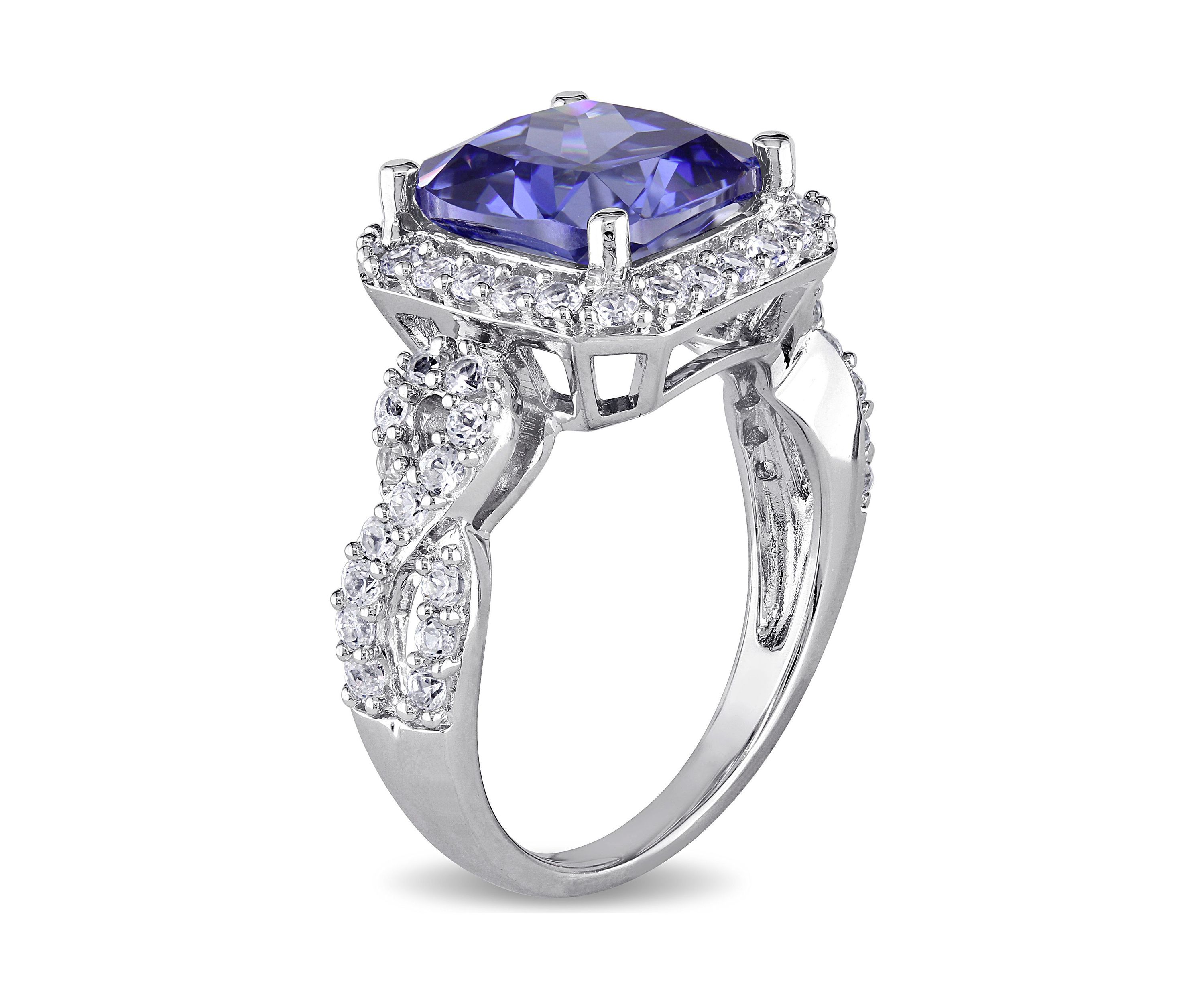 Lab Created 6 3/4 CT TGW Cushion Cut Created Tanzanite and Created White Sapphire Halo Ring in Sterling Silver