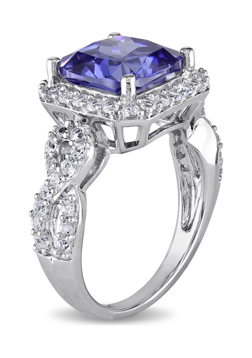 Lab Created 6 3/4 CT TGW Cushion Cut Created Tanzanite and Created White Sapphire Halo Ring in Sterling Silver