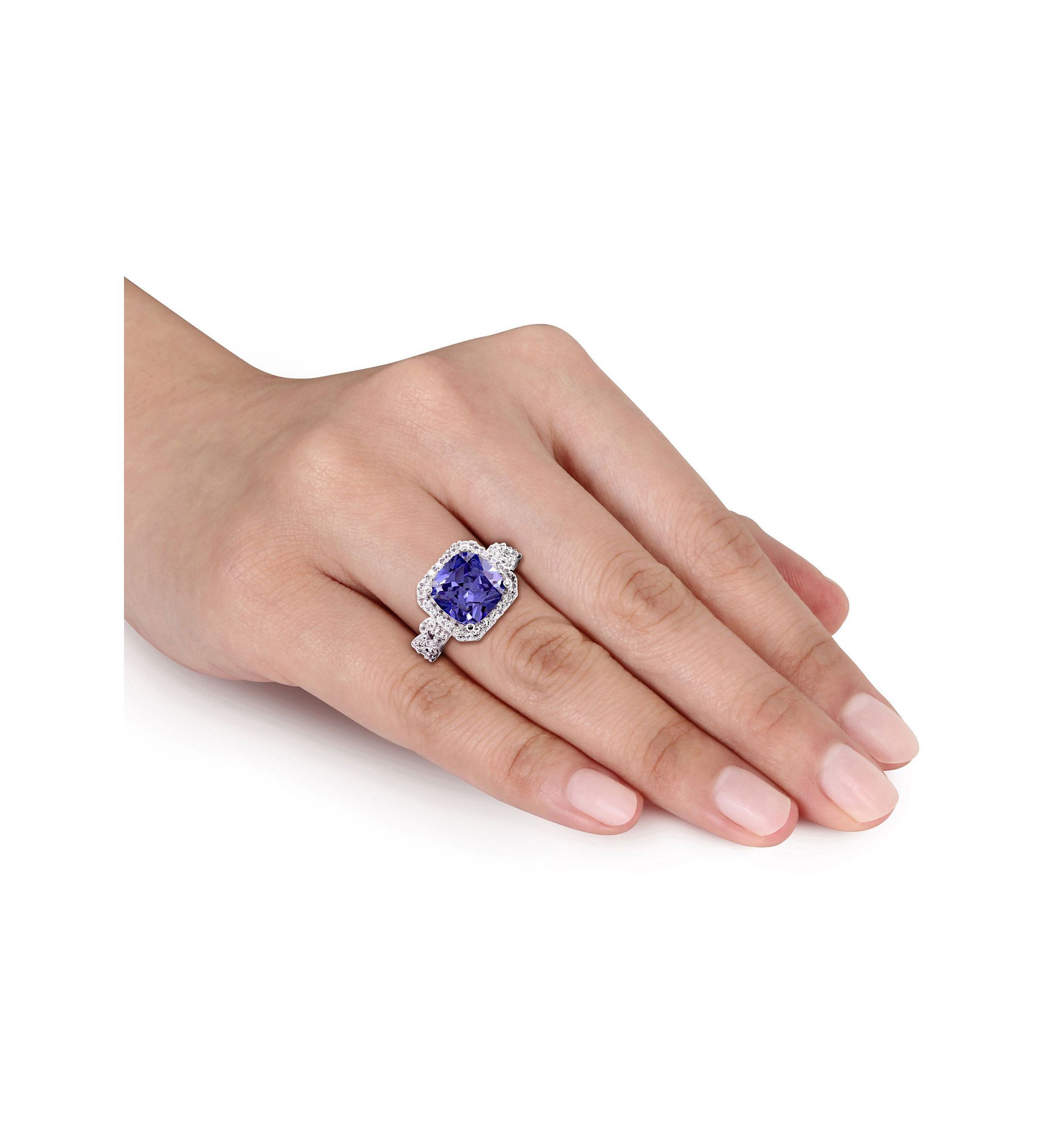 Lab Created 6 3/4 CT TGW Cushion Cut Created Tanzanite and Created White Sapphire Halo Ring in Sterling Silver