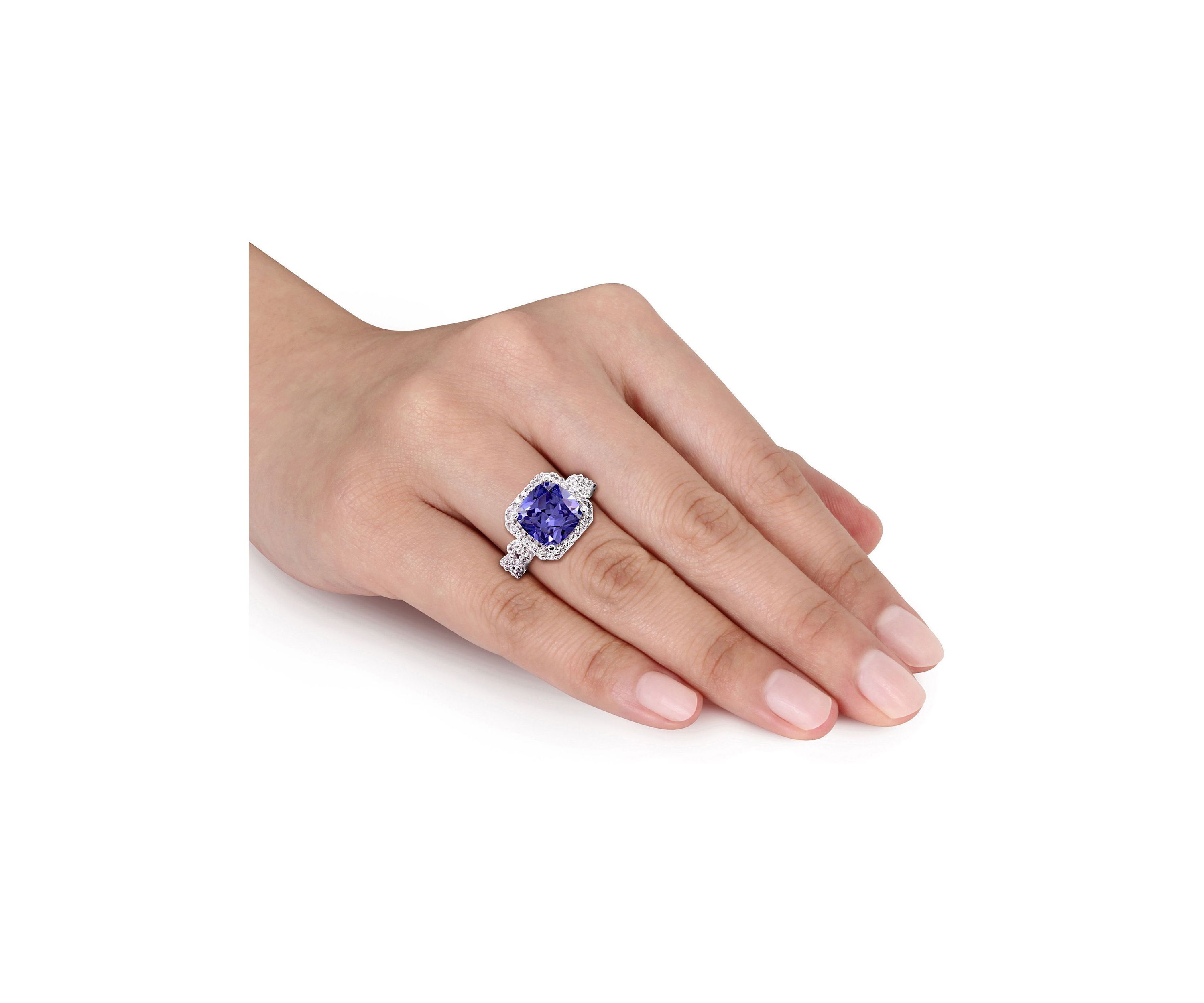 Lab Created 6 3/4 CT TGW Cushion Cut Created Tanzanite and Created White Sapphire Halo Ring in Sterling Silver