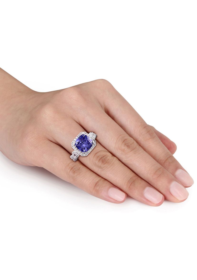 Lab Created 6 3/4 CT TGW Cushion Cut Created Tanzanite and Created White Sapphire Halo Ring in Sterling Silver