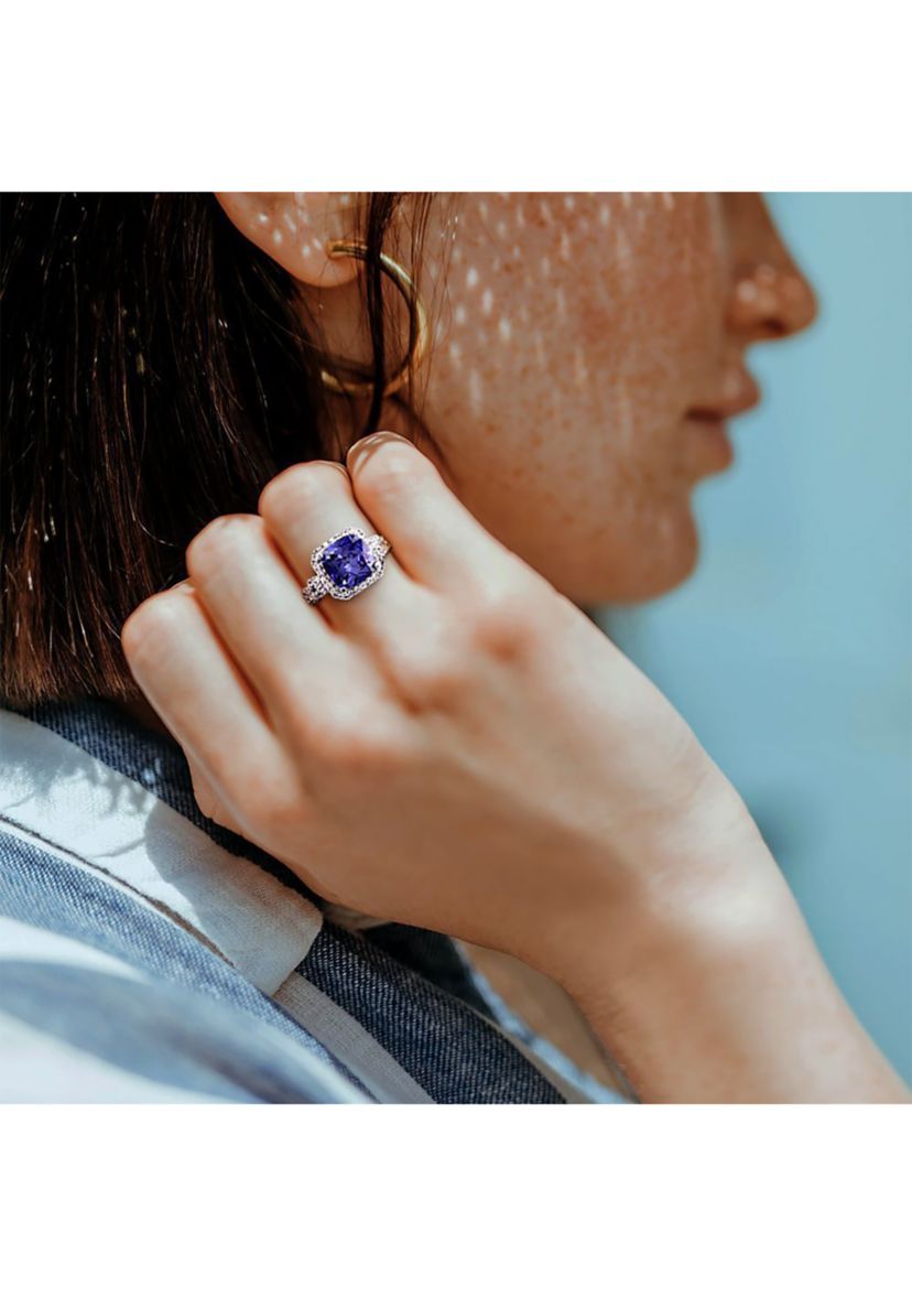 Lab Created 6 3/4 CT TGW Cushion Cut Created Tanzanite and Created White Sapphire Halo Ring in Sterling Silver