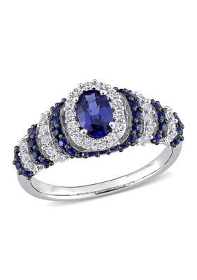 Belk & Co Lab Created 1 1/2 CT TGW Blue Sapphire and White Sapphire Oval Vintage Ring in Sterling Silver, 5