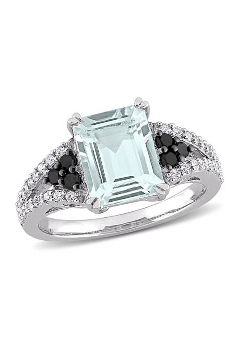 2 ct. t.w. Ice Aquamarine and 3/8 ct. t.w. Black and White Diamond Ring in Sterling Silver with Black Rhodium Plated