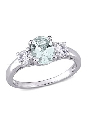 Belk & Co Lab Created Oval Cut Aquamarine and White Sapphire 3-Stone Ring in Sterling Silver