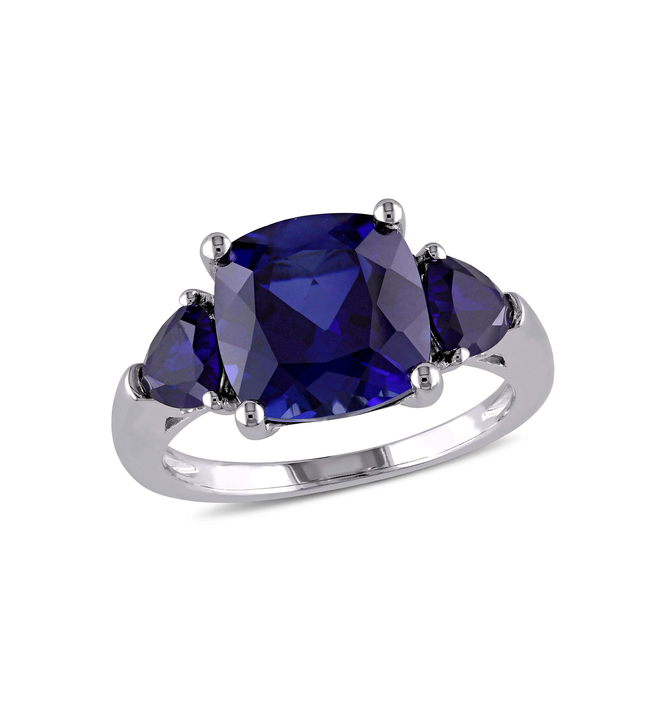 Lab Created 7 1/10 CT TGW Cushion Cut Created Blue Sapphire 3-Stone Ring in Sterling Silver