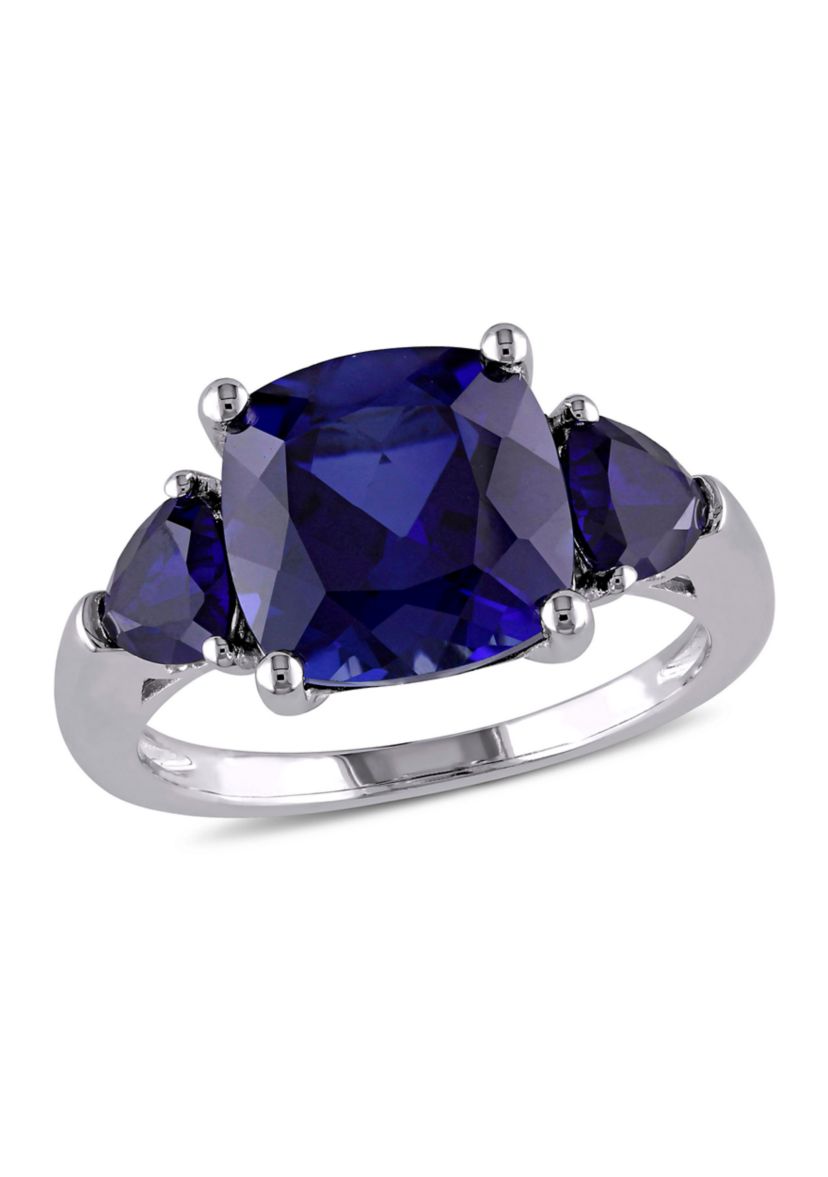 Lab Created 7 1/10 CT TGW Cushion Cut Created Blue Sapphire 3-Stone Ring in Sterling Silver