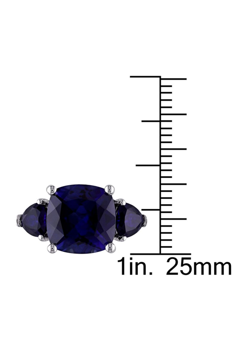 Lab Created 7 1/10 CT TGW Cushion Cut Created Blue Sapphire 3-Stone Ring in Sterling Silver