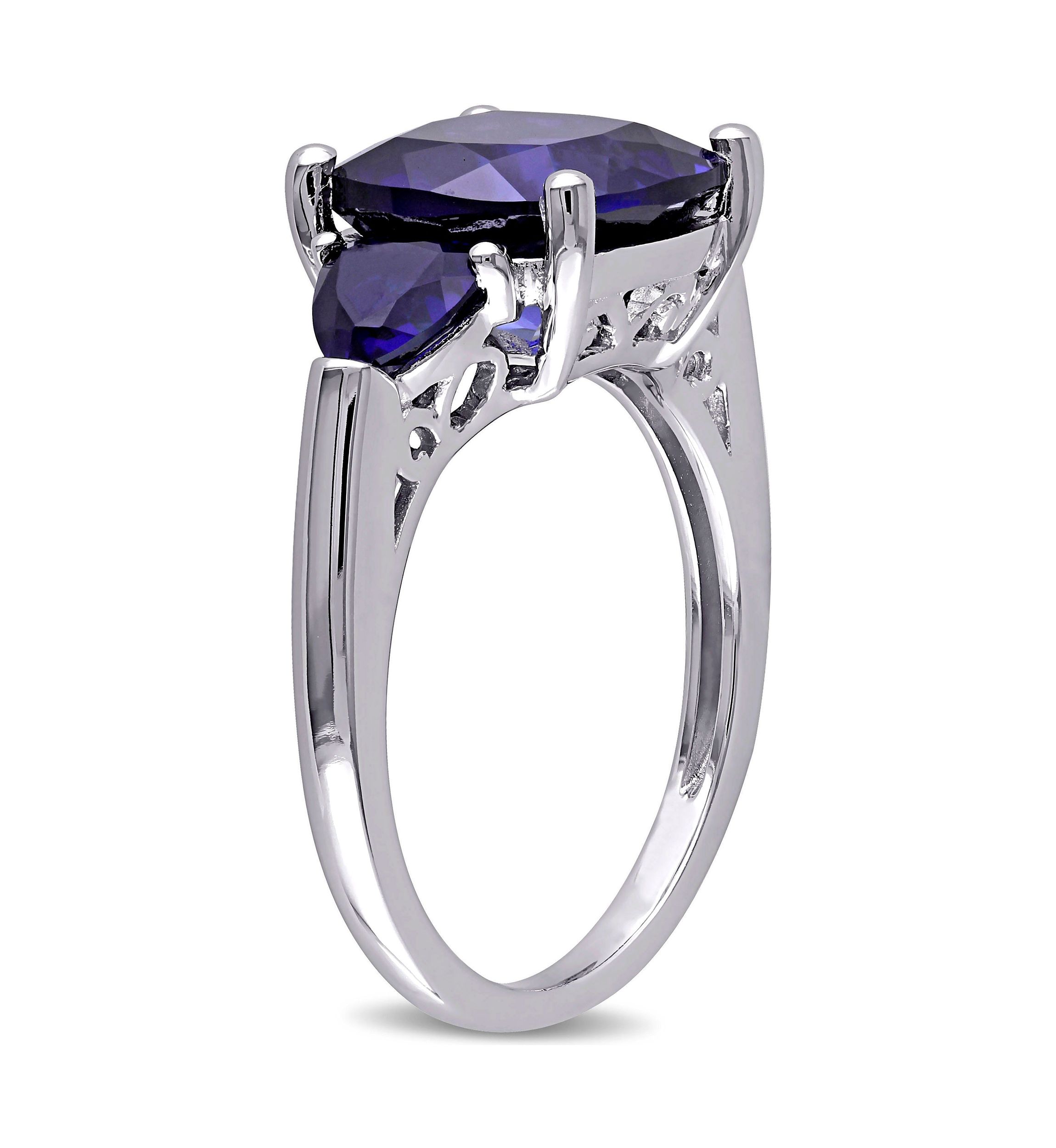 Lab Created 7 1/10 CT TGW Cushion Cut Created Blue Sapphire 3-Stone Ring in Sterling Silver