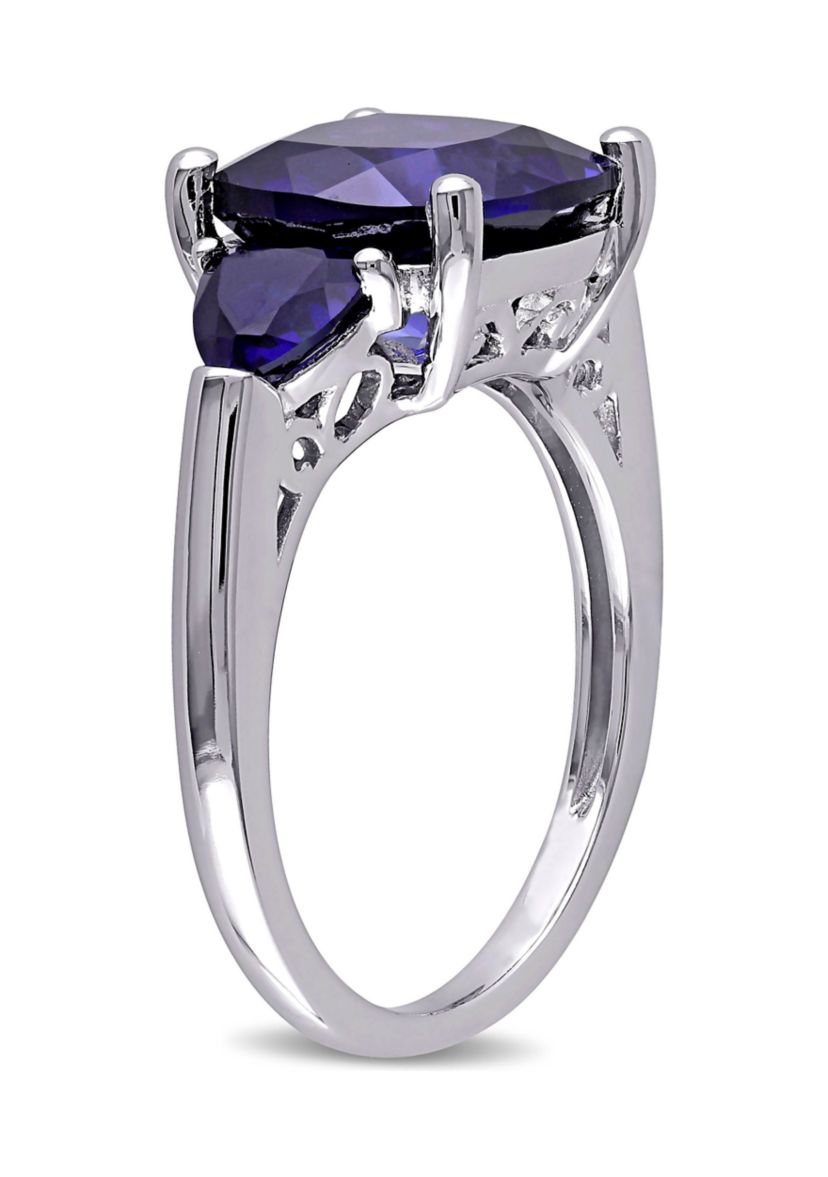 Lab Created 7 1/10 CT TGW Cushion Cut Created Blue Sapphire 3-Stone Ring in Sterling Silver