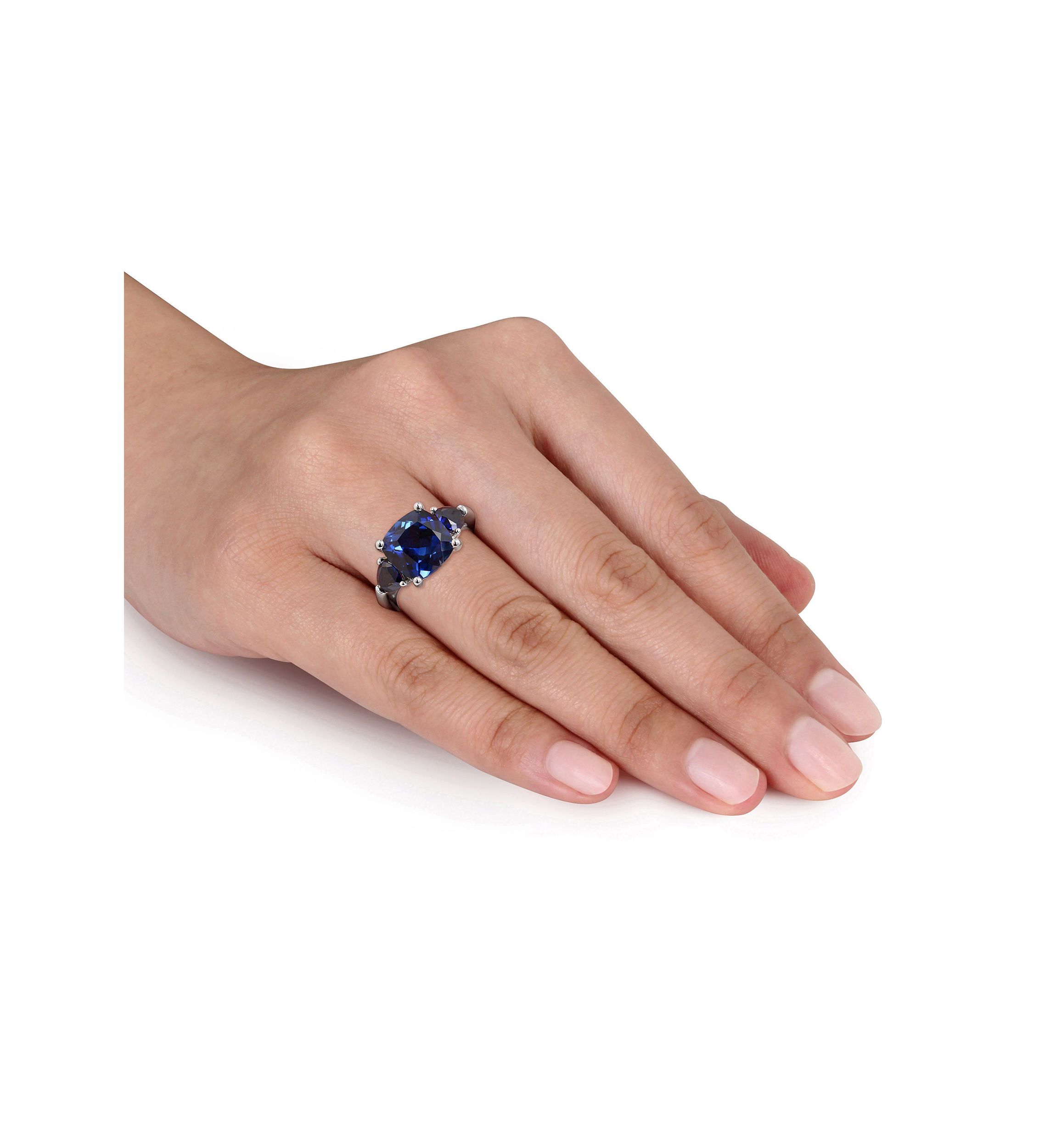 Lab Created 7 1/10 CT TGW Cushion Cut Created Blue Sapphire 3-Stone Ring in Sterling Silver