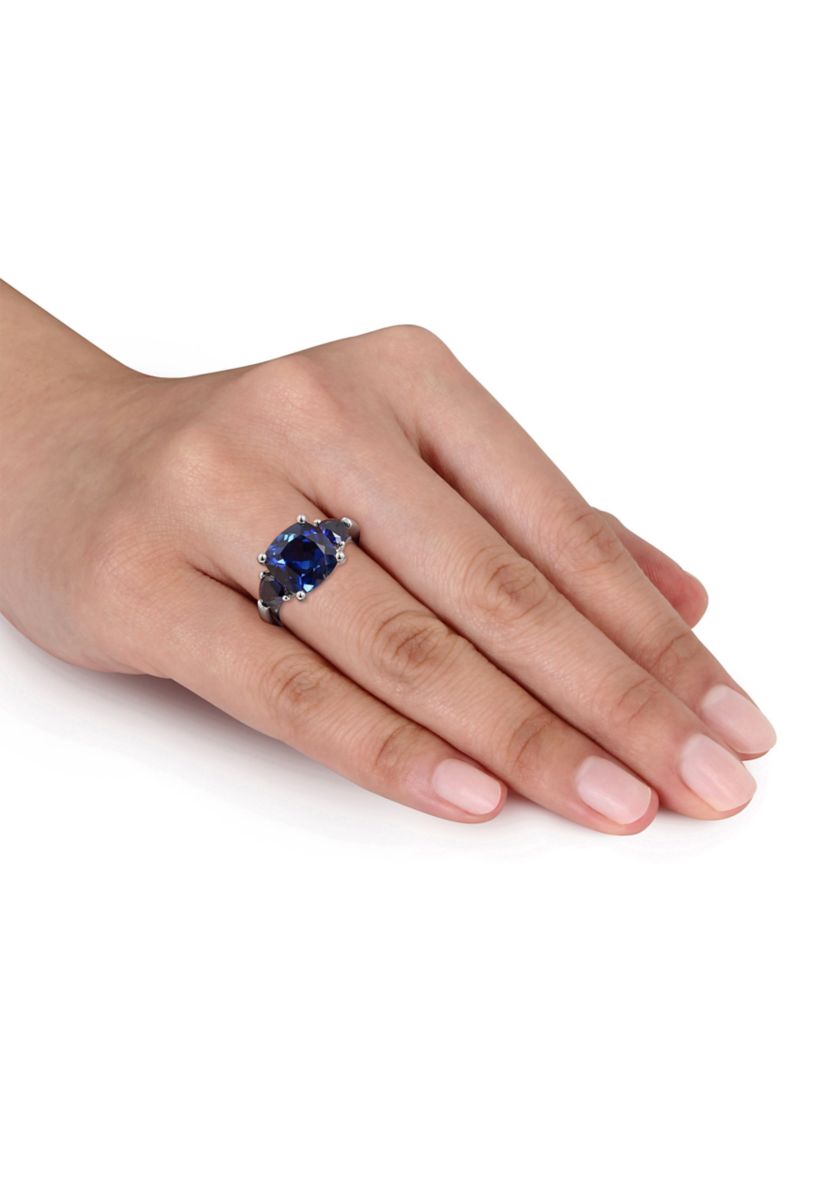 Lab Created 7 1/10 CT TGW Cushion Cut Created Blue Sapphire 3-Stone Ring in Sterling Silver