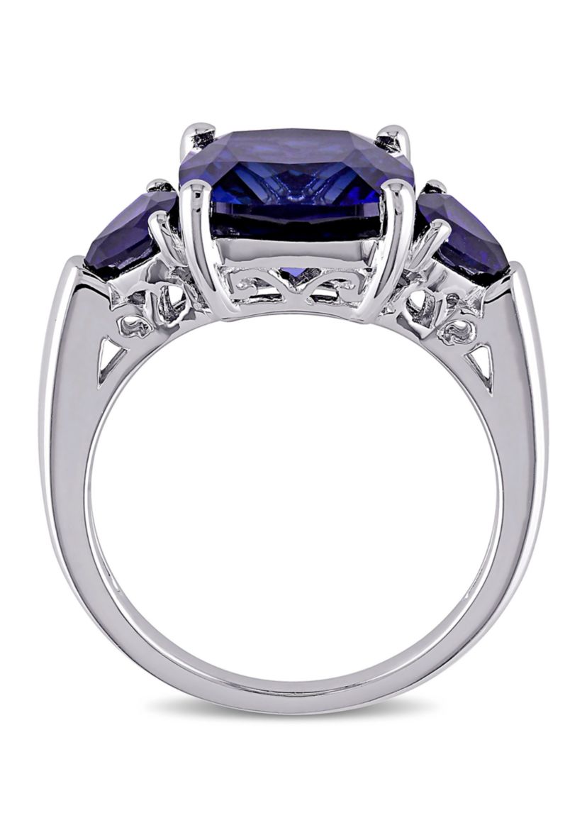 Lab Created 7 1/10 CT TGW Cushion Cut Created Blue Sapphire 3-Stone Ring in Sterling Silver