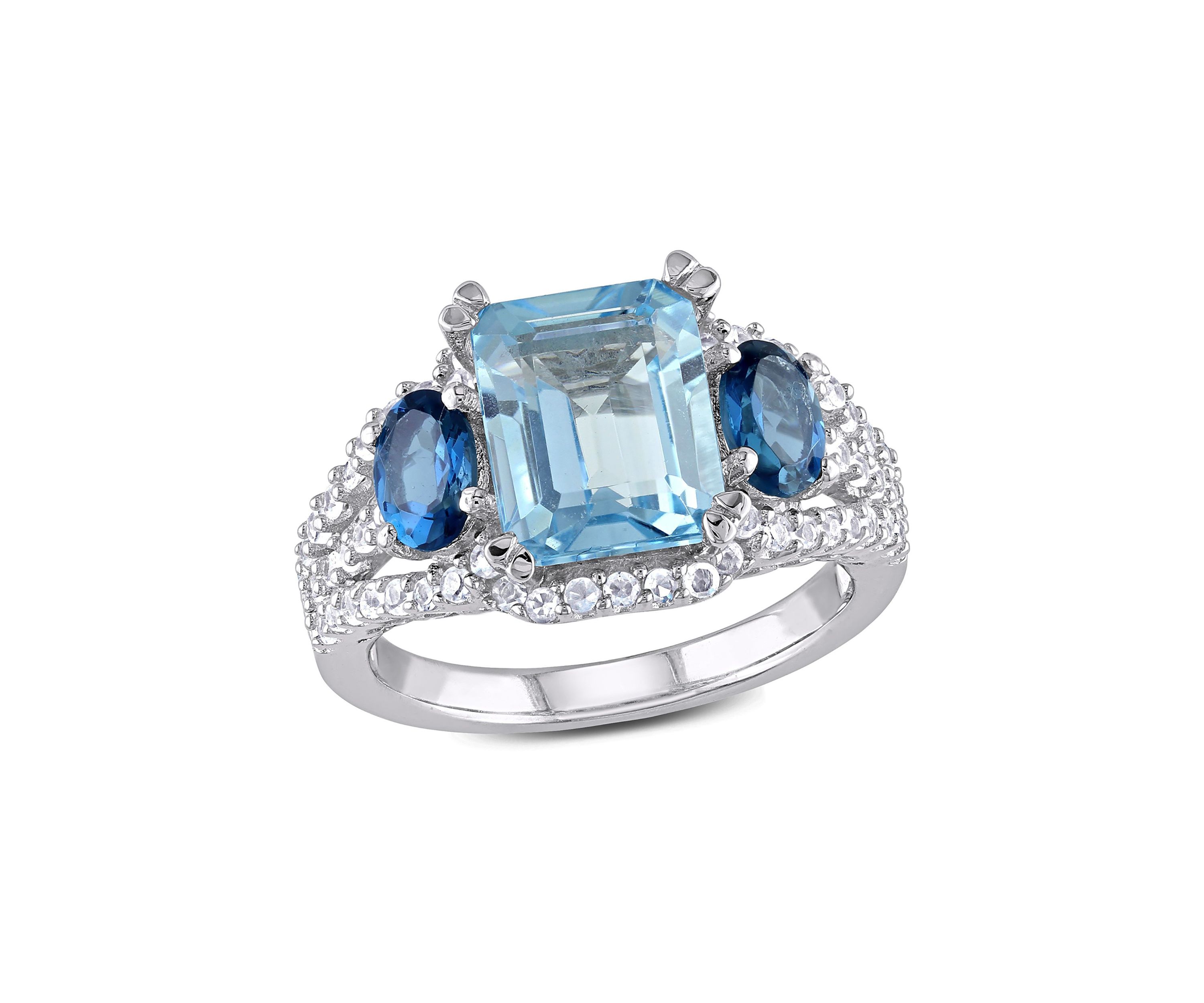 5 3/4 CT TGW Emerald Cut Sky Blue Topaz and Created White Sapphire 3-Stone Ring in Sterling Silver