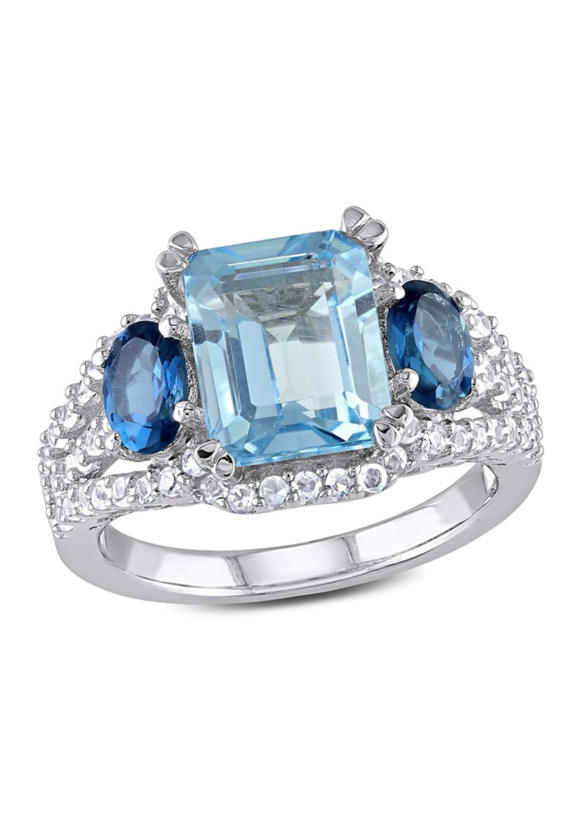 5 3/4 CT TGW Emerald Cut Sky Blue Topaz and Created White Sapphire 3-Stone Ring in Sterling Silver