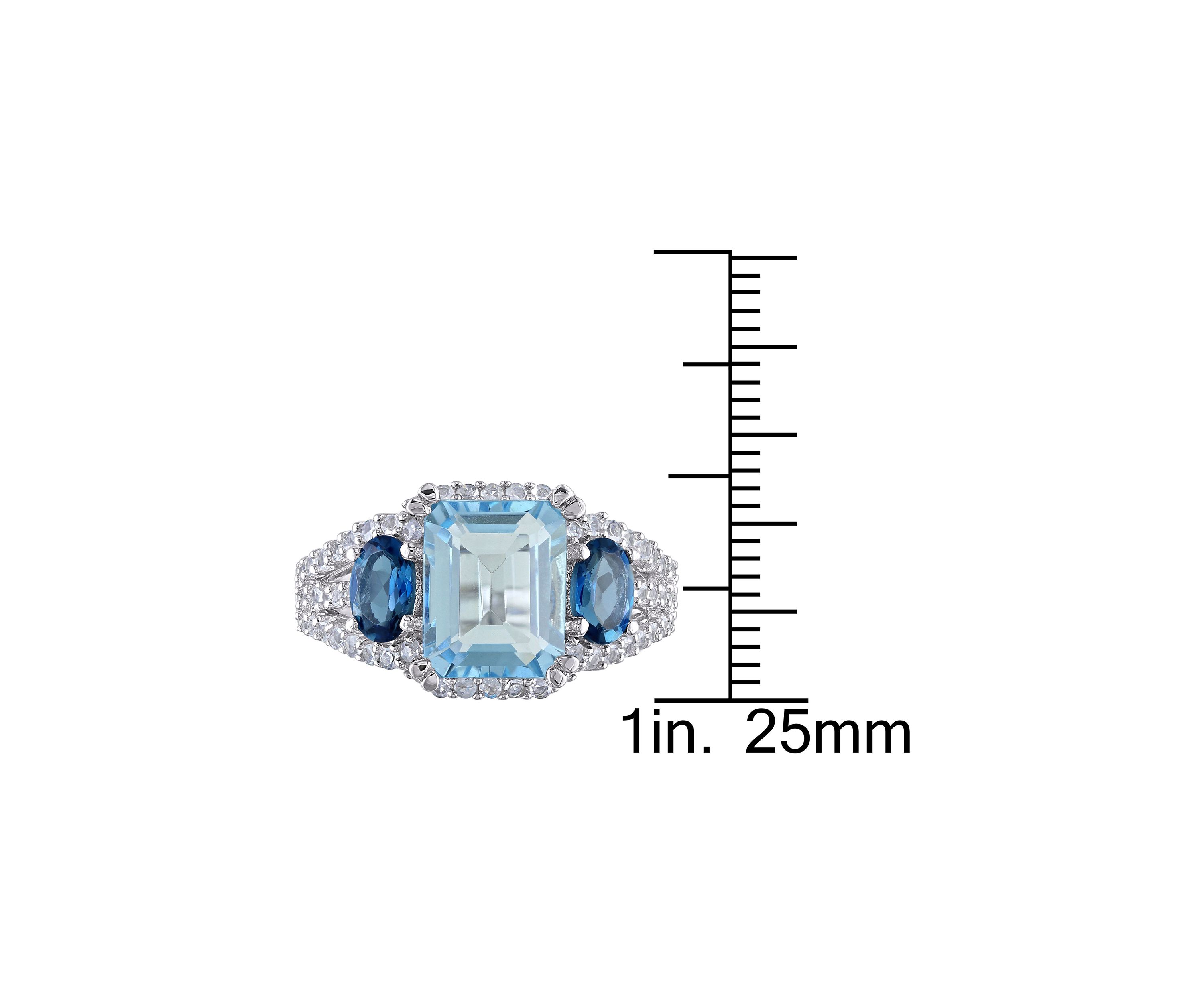 5 3/4 CT TGW Emerald Cut Sky Blue Topaz and Created White Sapphire 3-Stone Ring in Sterling Silver