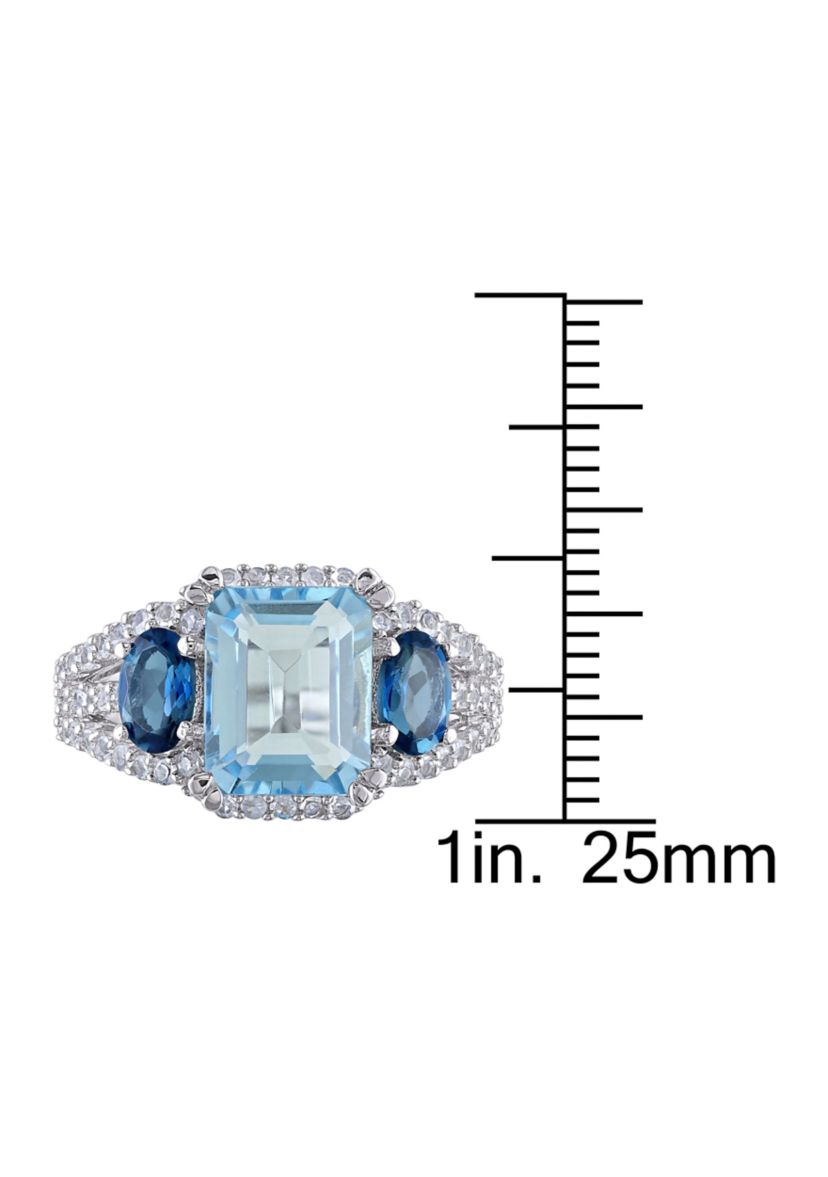 5 3/4 CT TGW Emerald Cut Sky Blue Topaz and Created White Sapphire 3-Stone Ring in Sterling Silver