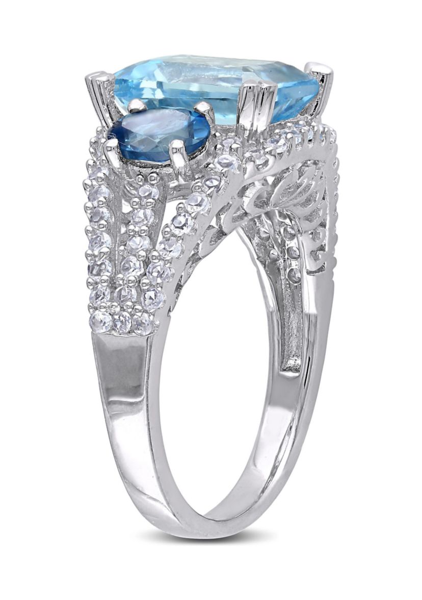 5 3/4 CT TGW Emerald Cut Sky Blue Topaz and Created White Sapphire 3-Stone Ring in Sterling Silver