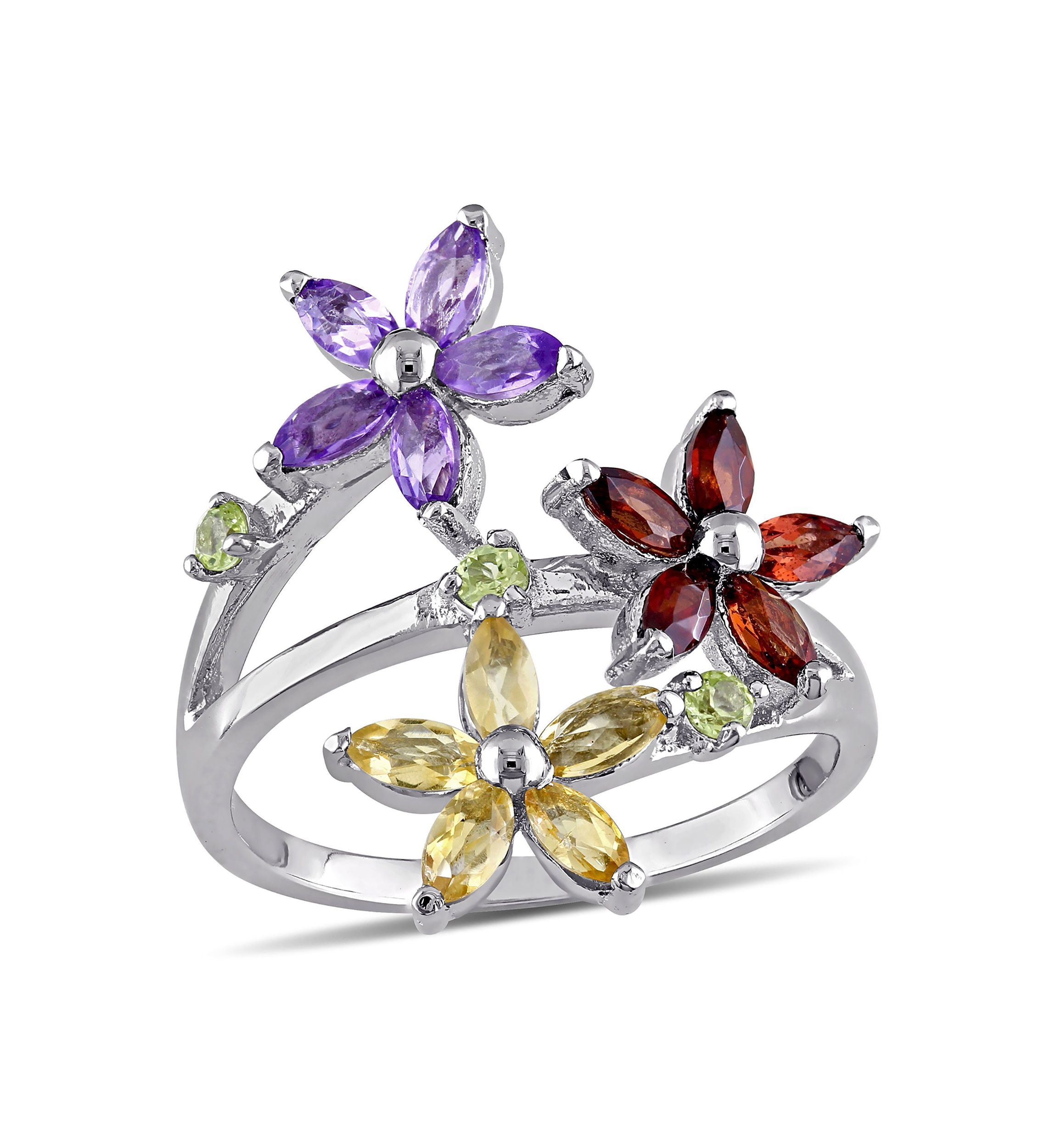 Multi Gemstone Floral Ring in Sterling Silver