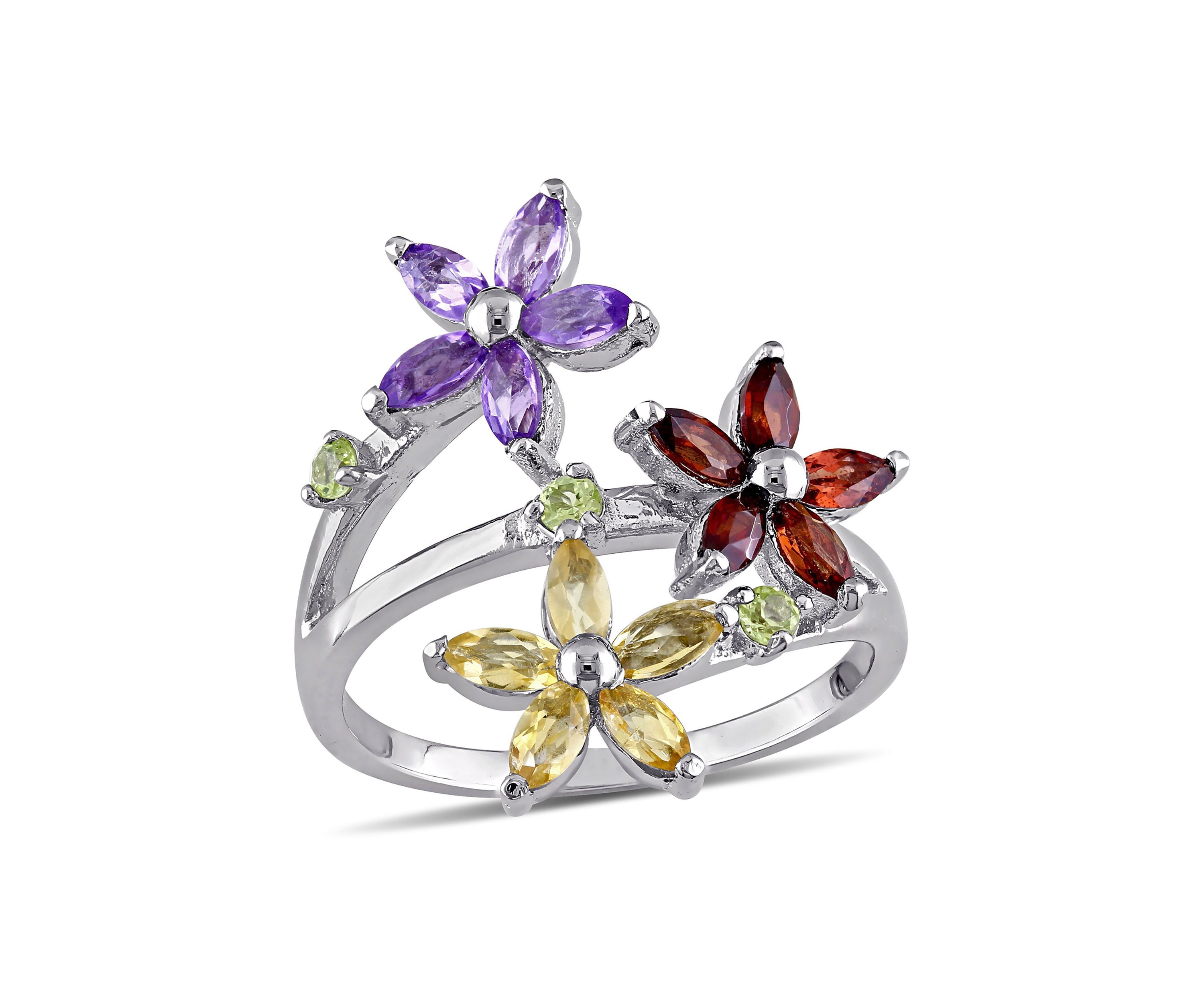 Multi Gemstone Floral Ring in Sterling Silver