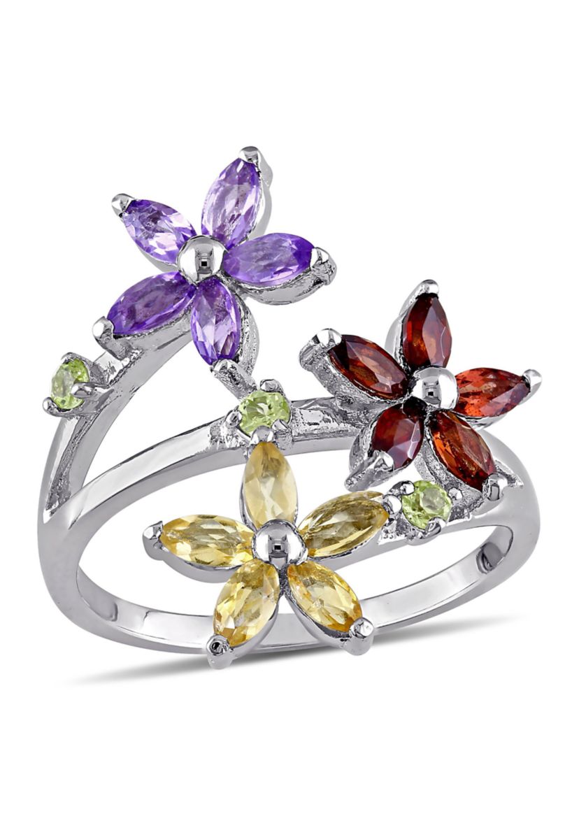 Multi Gemstone Floral Ring in Sterling Silver