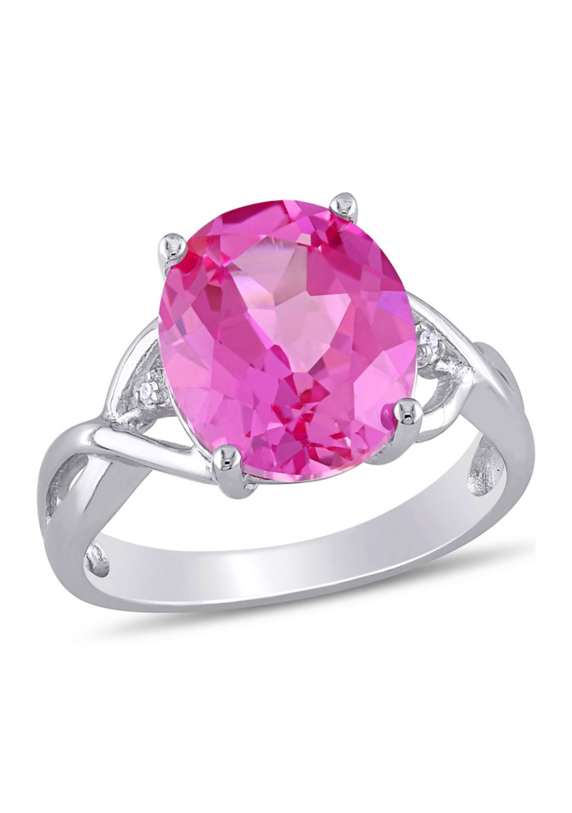 Lab Created 7 1/2 CT TGW Created Pink Sapphire and Diamond Accent Ring in Sterling Silver