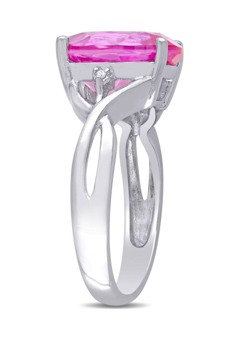Lab Created 7 1/2 CT TGW Created Pink Sapphire and Diamond Accent Ring in Sterling Silver