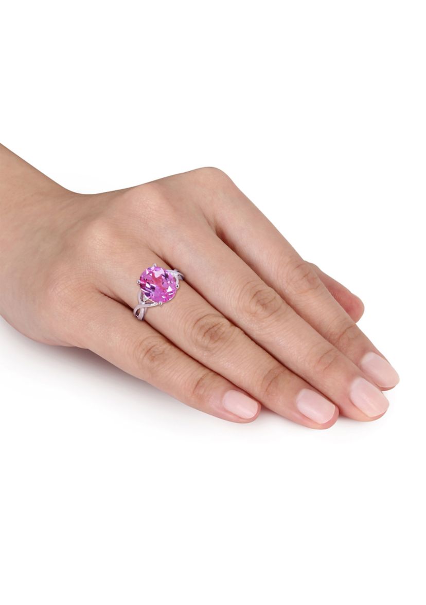 Lab Created 7 1/2 CT TGW Created Pink Sapphire and Diamond Accent Ring in Sterling Silver