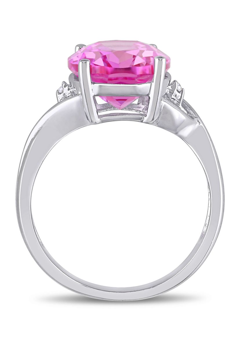 Lab Created 7 1/2 CT TGW Created Pink Sapphire and Diamond Accent Ring in Sterling Silver