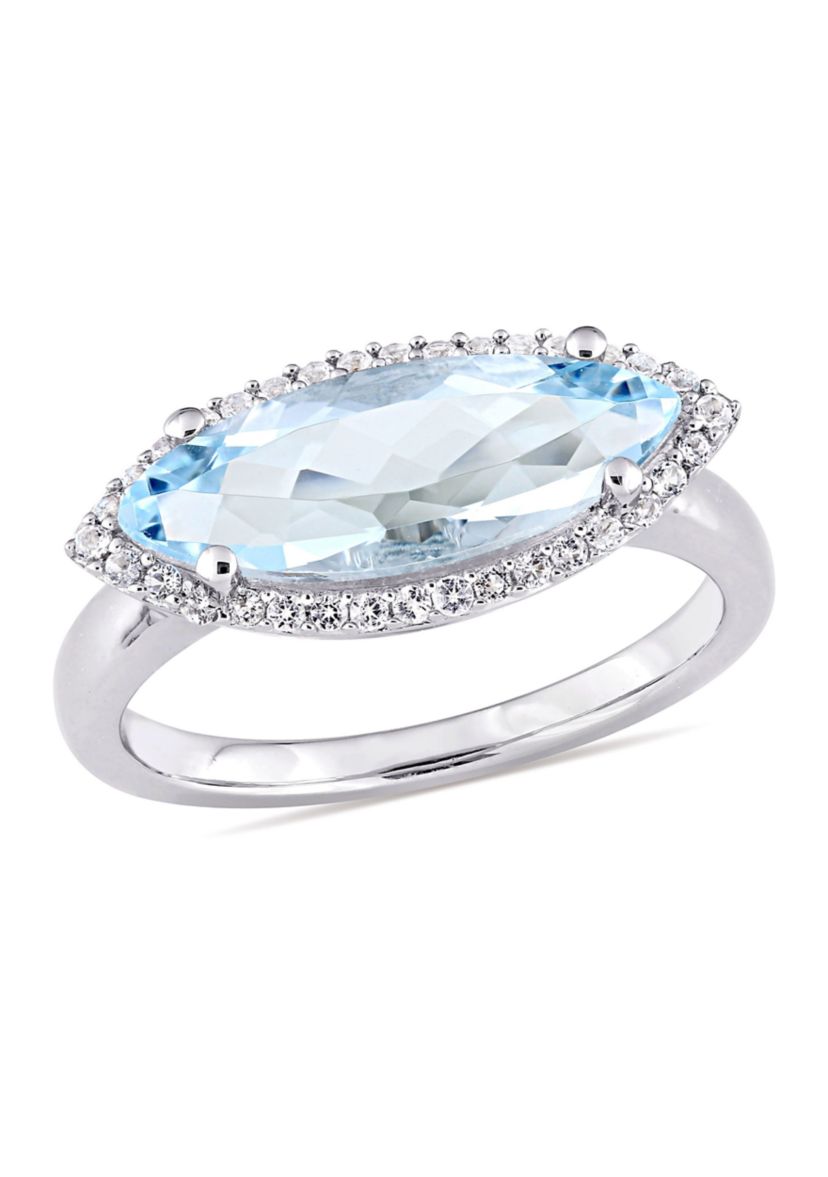 2 7/8 CT TGW Marquise Shape Sky Blue Topaz and White Topaz Halo Ring in Sterling Silver