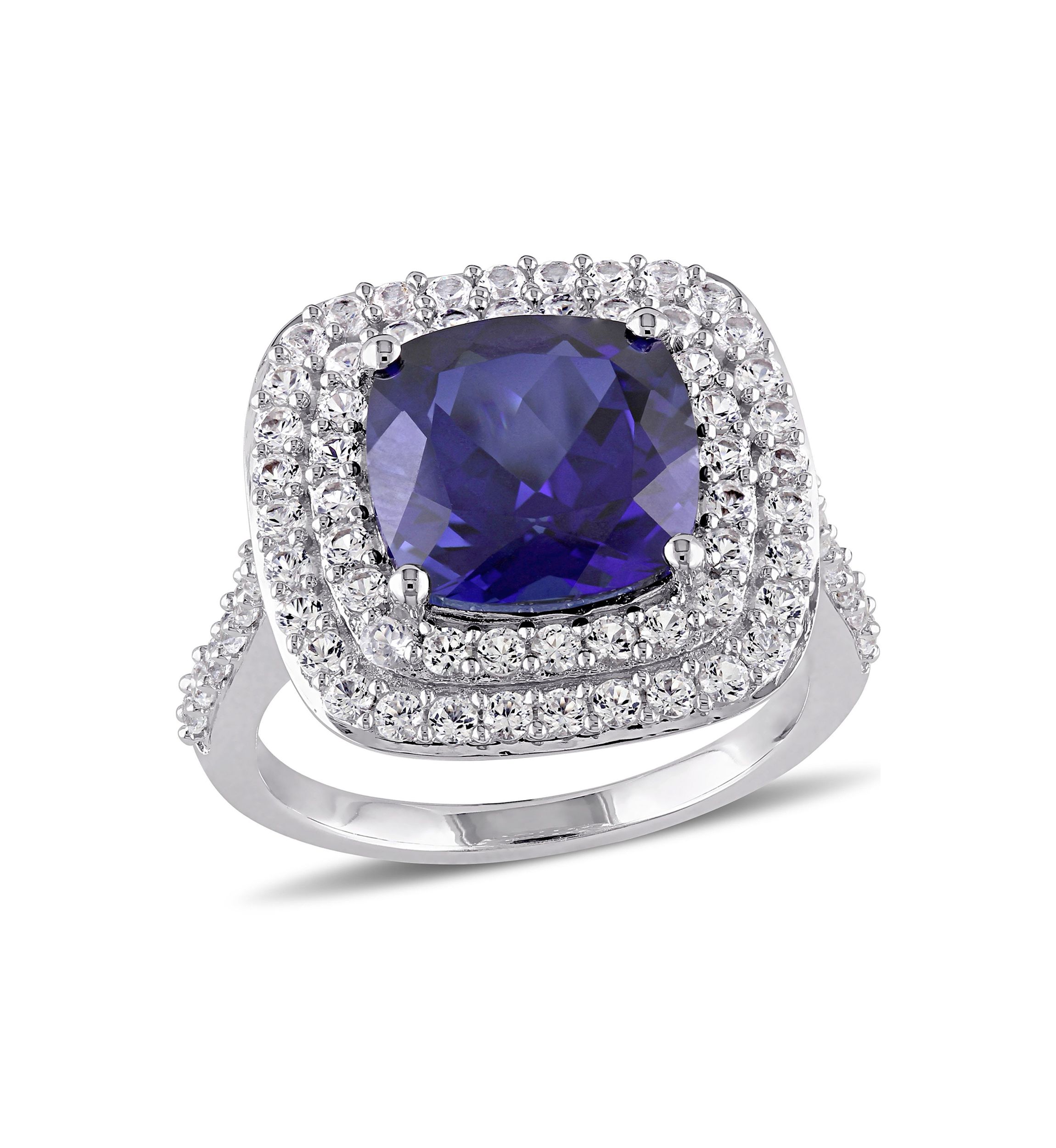 Lab Created 7 1/10 CT TGW Cushion Cut Created Blue and Created White Sapphire Double Halo Cocktail Ring in Sterling Silver