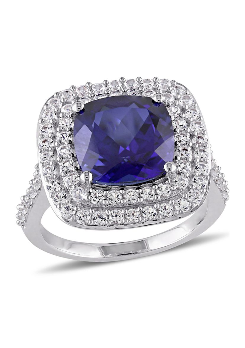 Lab Created 7 1/10 CT TGW Cushion Cut Created Blue and Created White Sapphire Double Halo Cocktail Ring in Sterling Silver