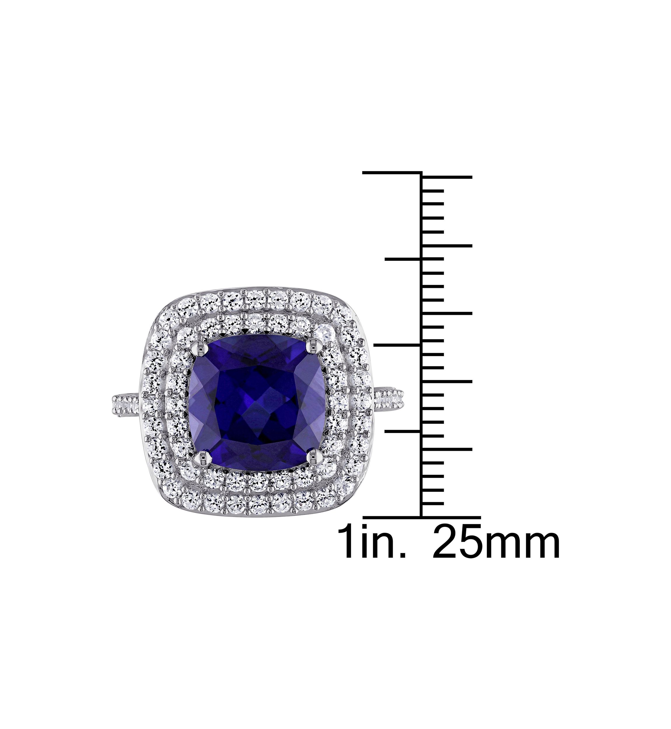 Lab Created 7 1/10 CT TGW Cushion Cut Created Blue and Created White Sapphire Double Halo Cocktail Ring in Sterling Silver