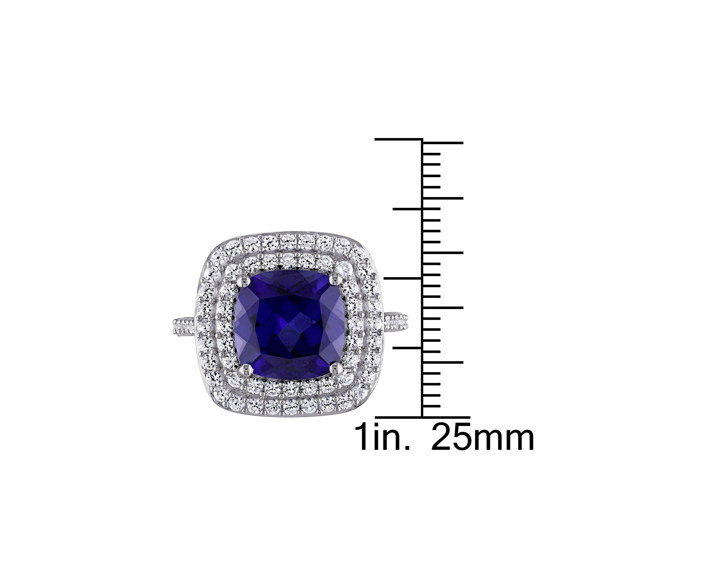 Lab Created 7 1/10 CT TGW Cushion Cut Created Blue and Created White Sapphire Double Halo Cocktail Ring in Sterling Silver