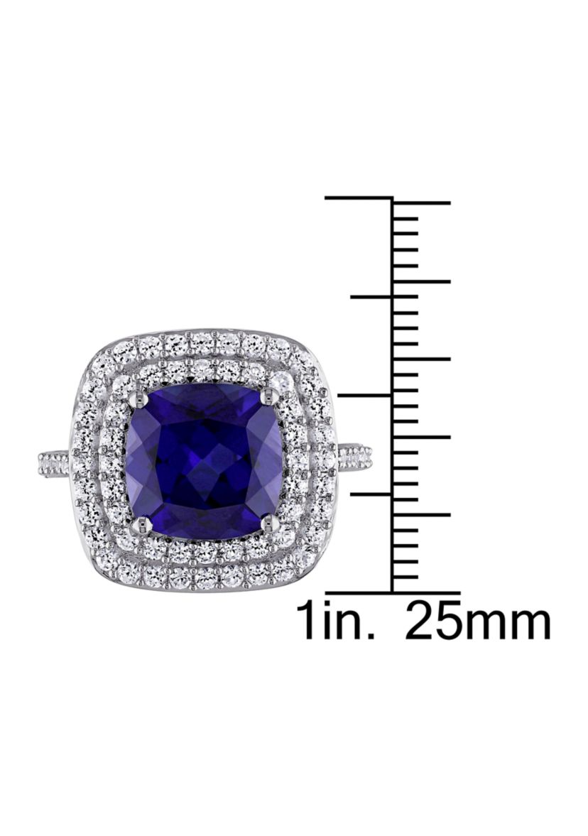 Lab Created 7 1/10 CT TGW Cushion Cut Created Blue and Created White Sapphire Double Halo Cocktail Ring in Sterling Silver